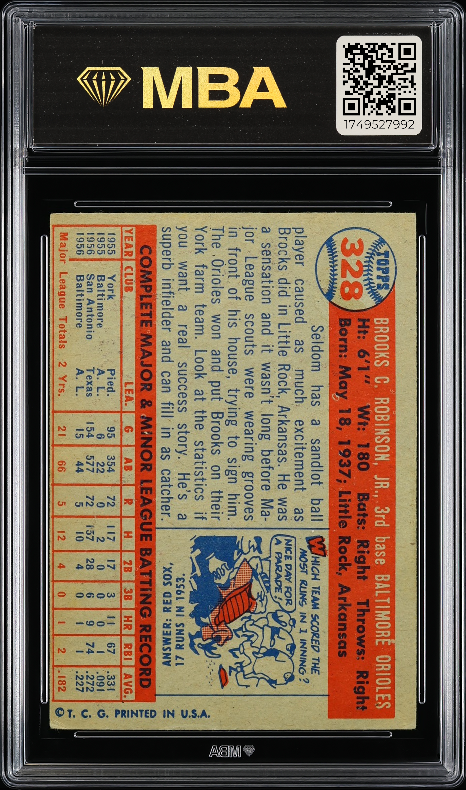 1957 Topps Brooks Robinson #328 MBA 3 RC