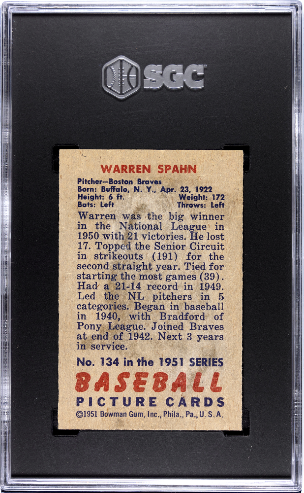 1951 Bowman Warren Spahn #134 SGC 2.5