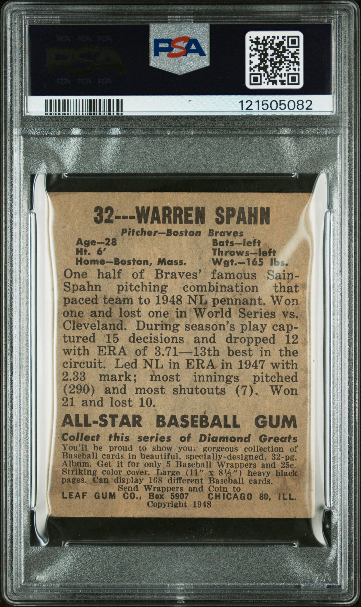 1948 Leaf Warren Spahn #32 PSA 1.5