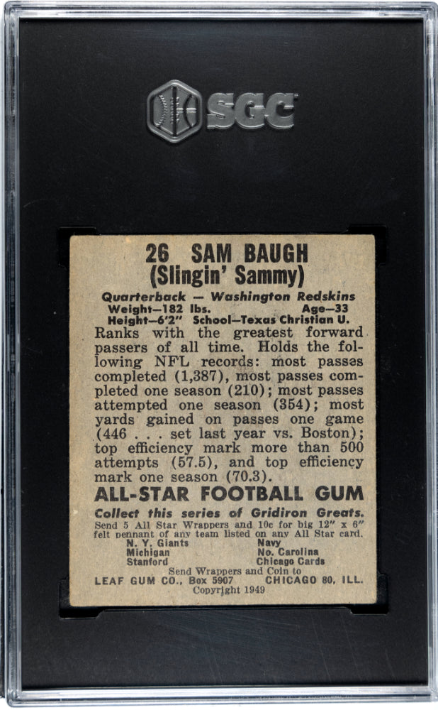 1949 Leaf Gum Co. Sammy Baugh #26 SGC 2.5