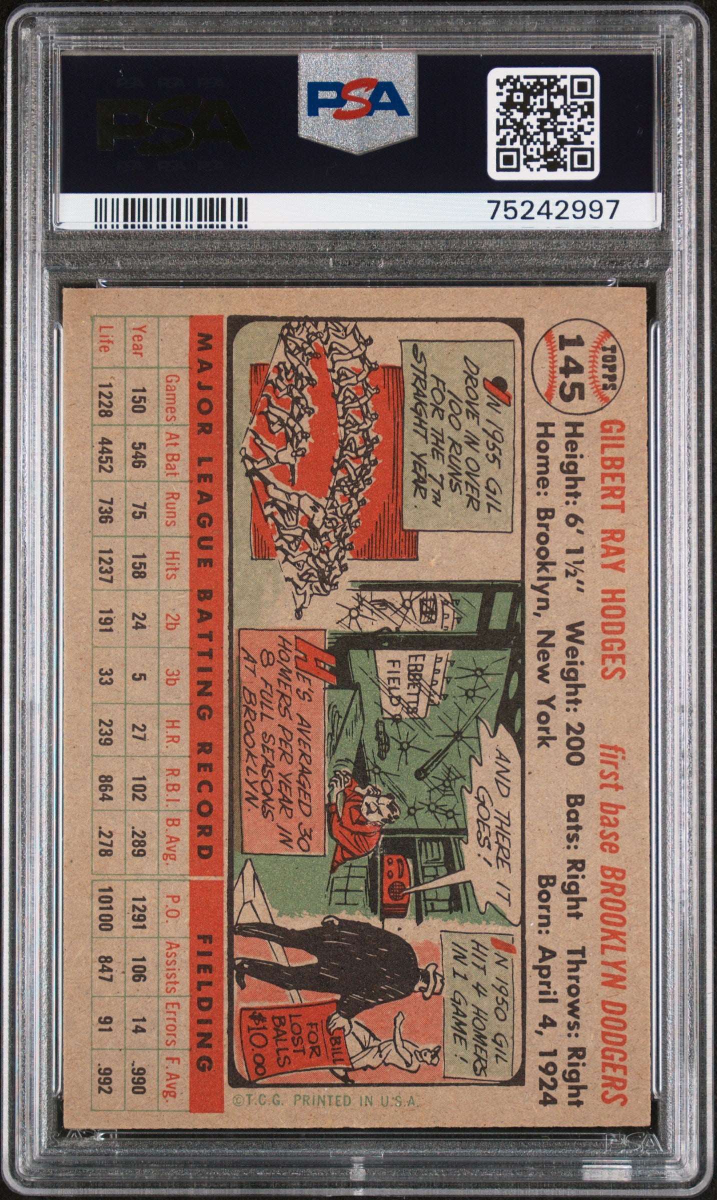 1956 Topps Gil Hodges #145 Gray Back PSA 6