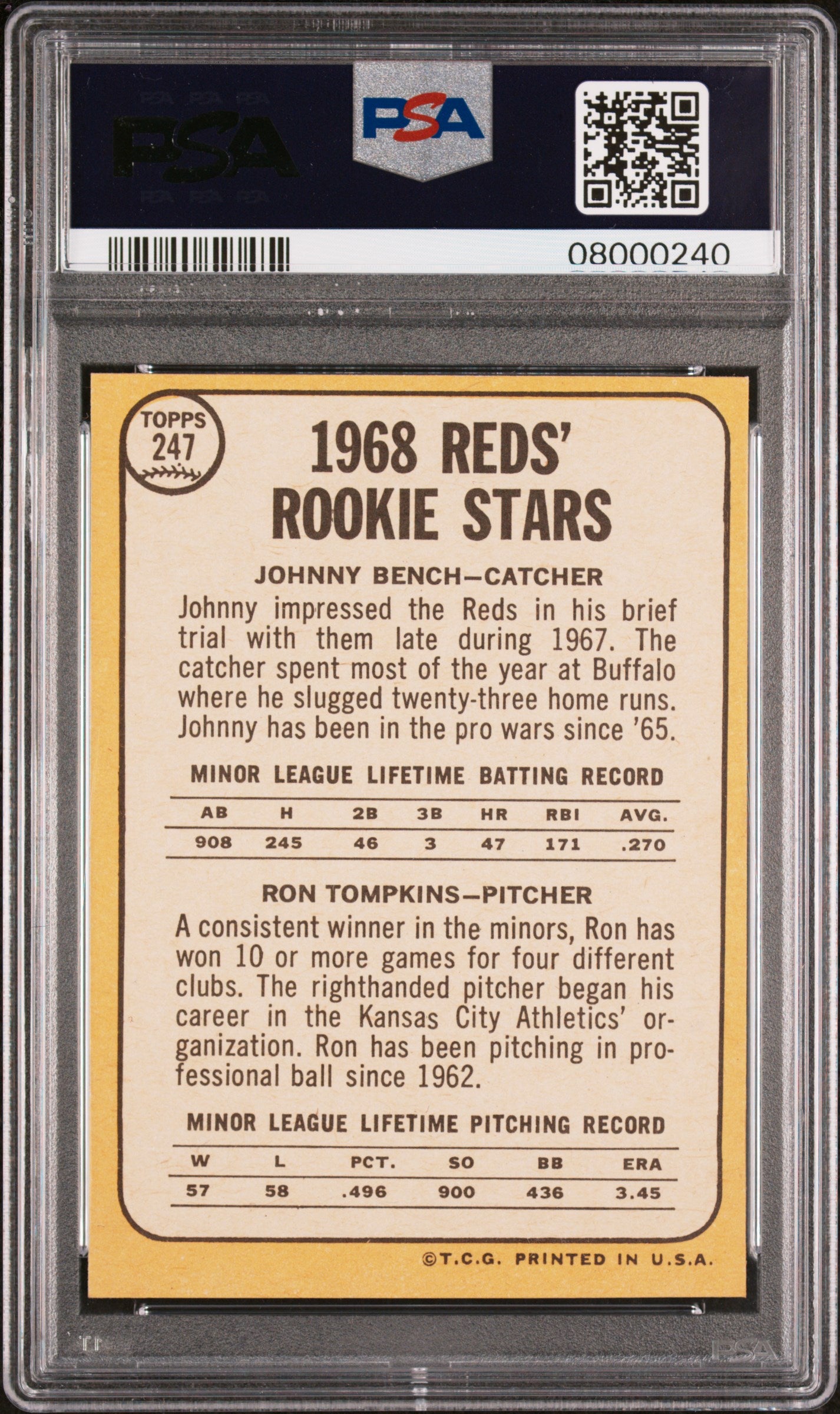 1968 Topps Reds Rookies #247 J. Bench R. Tompkins PSA 8