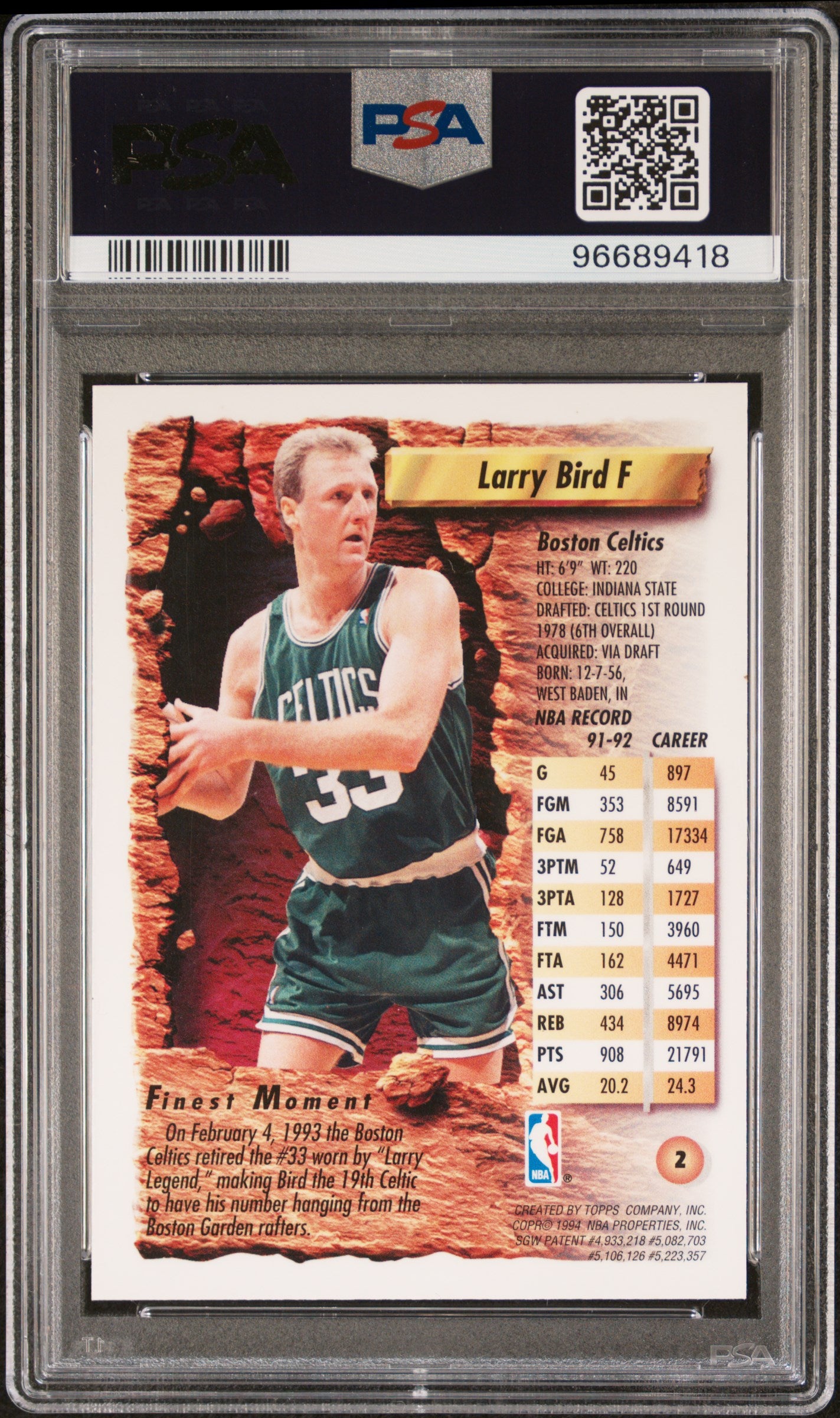 1993 Finest Larry Bird #2 Refractor PSA 8