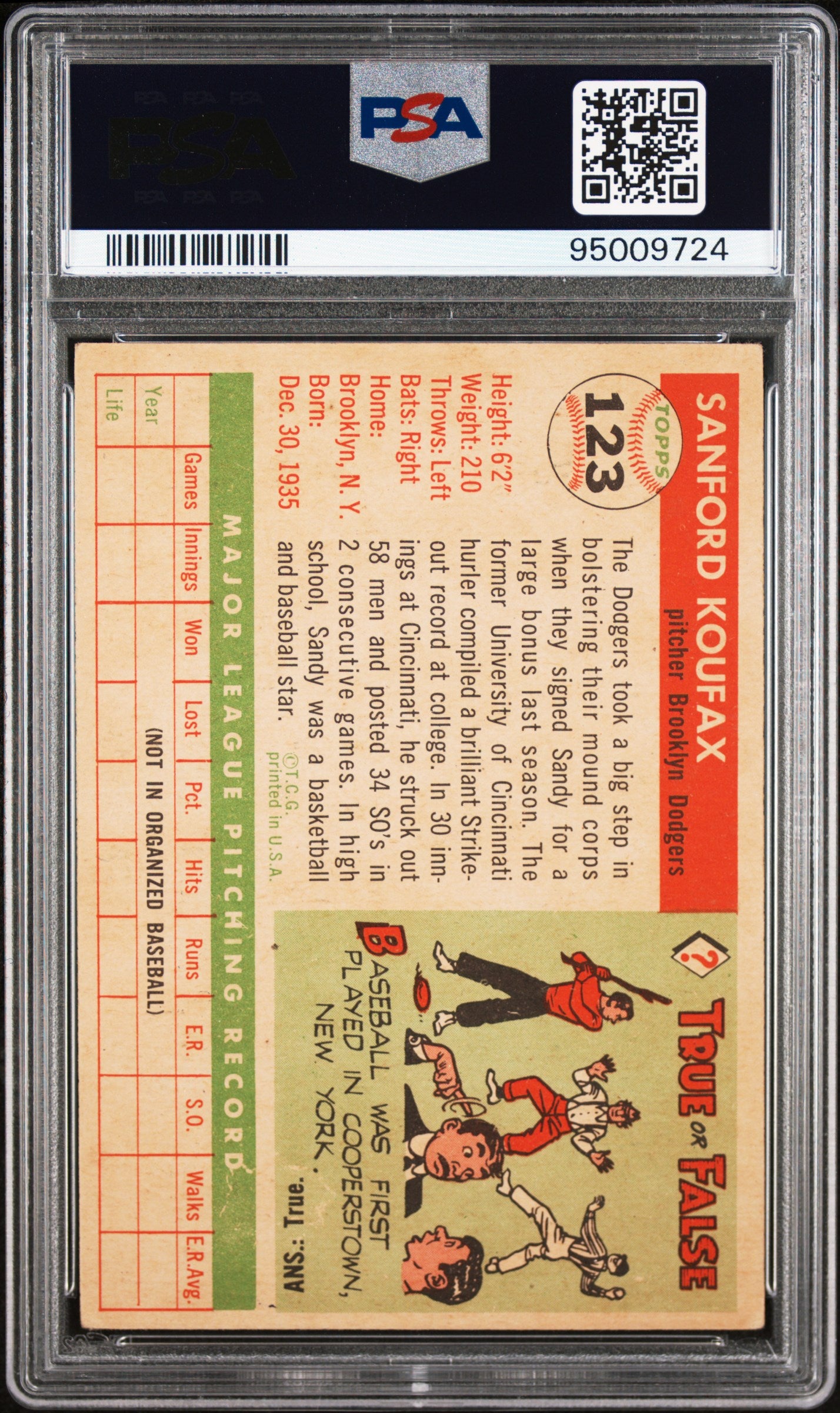 1955 Topps Sandy Koufax #123 PSA 3.5 Auto 8