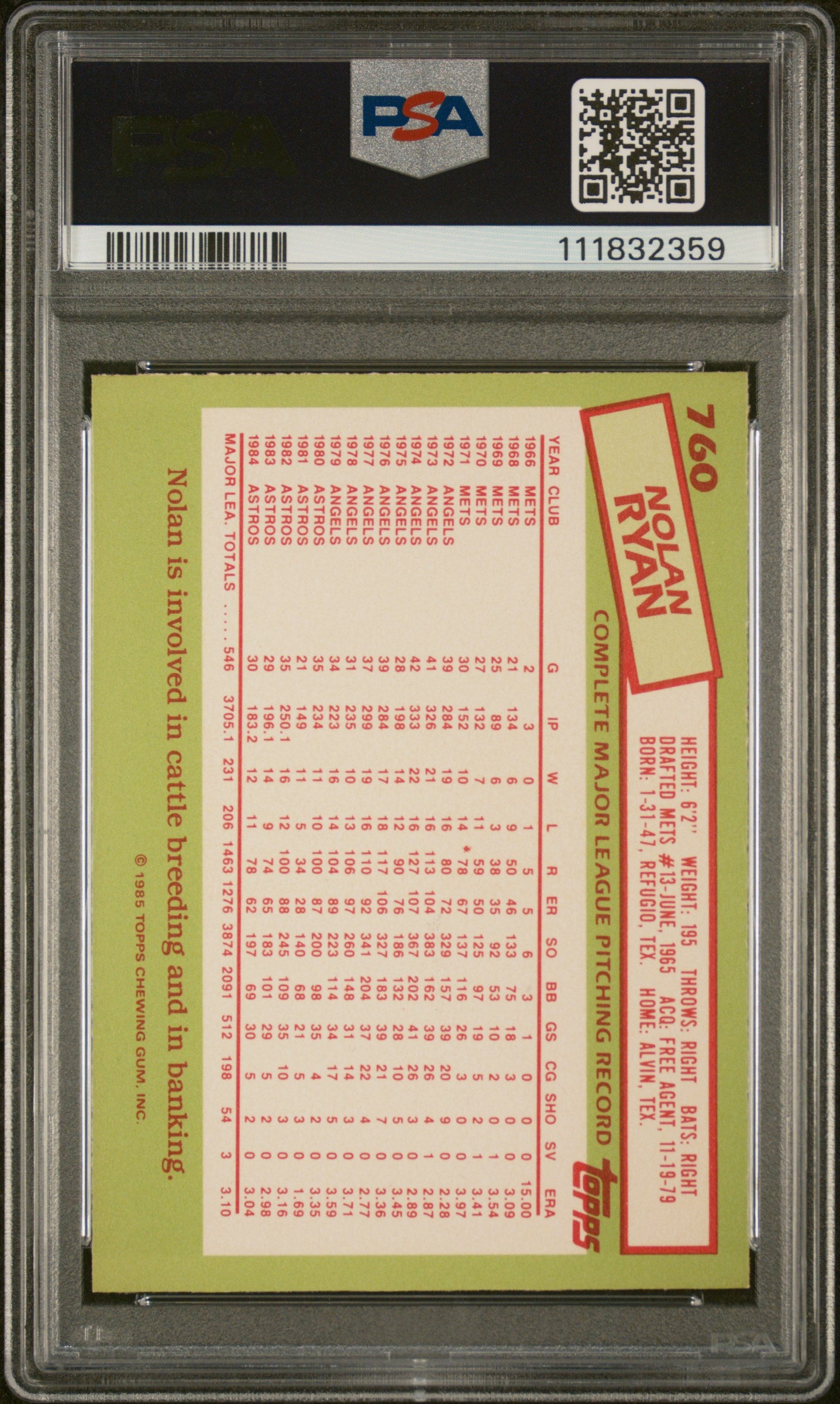 1985 Topps Tiffany Nolan Ryan #760 PSA 8 Auto 10