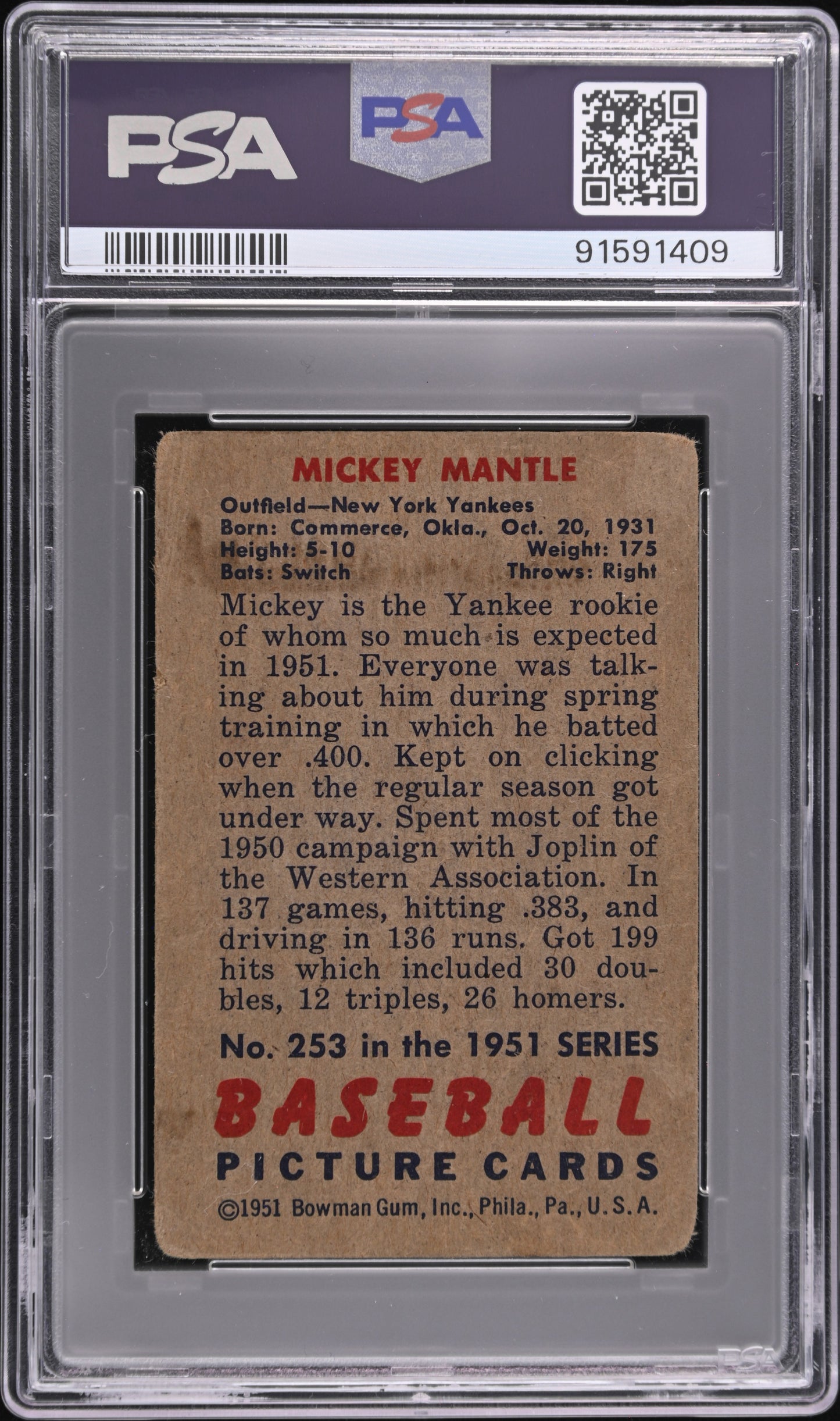 1951 Bowman Mickey Mantle #253 PSA 1.5 MC