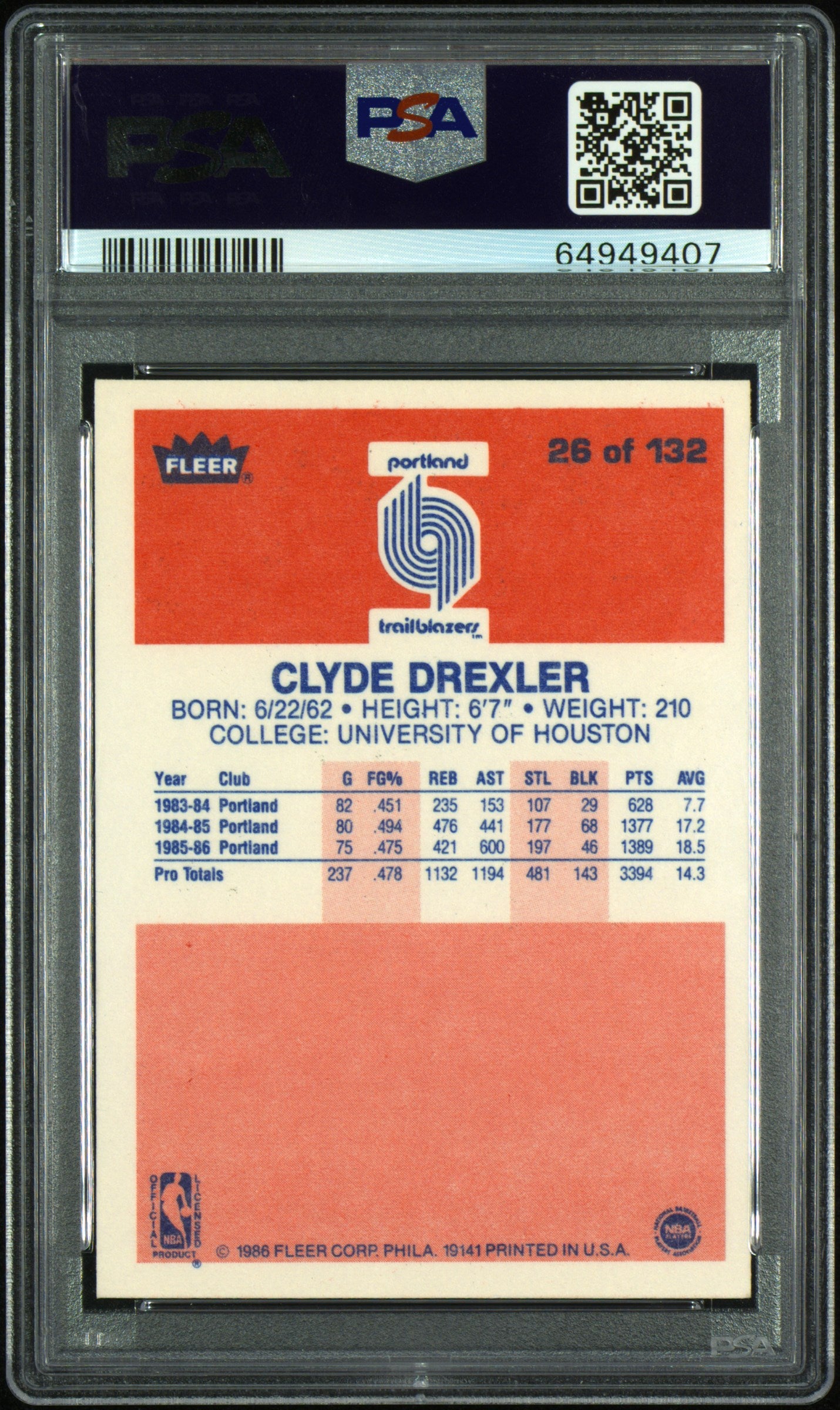 1986 Fleer Clyde Drexler #26 PSA 9