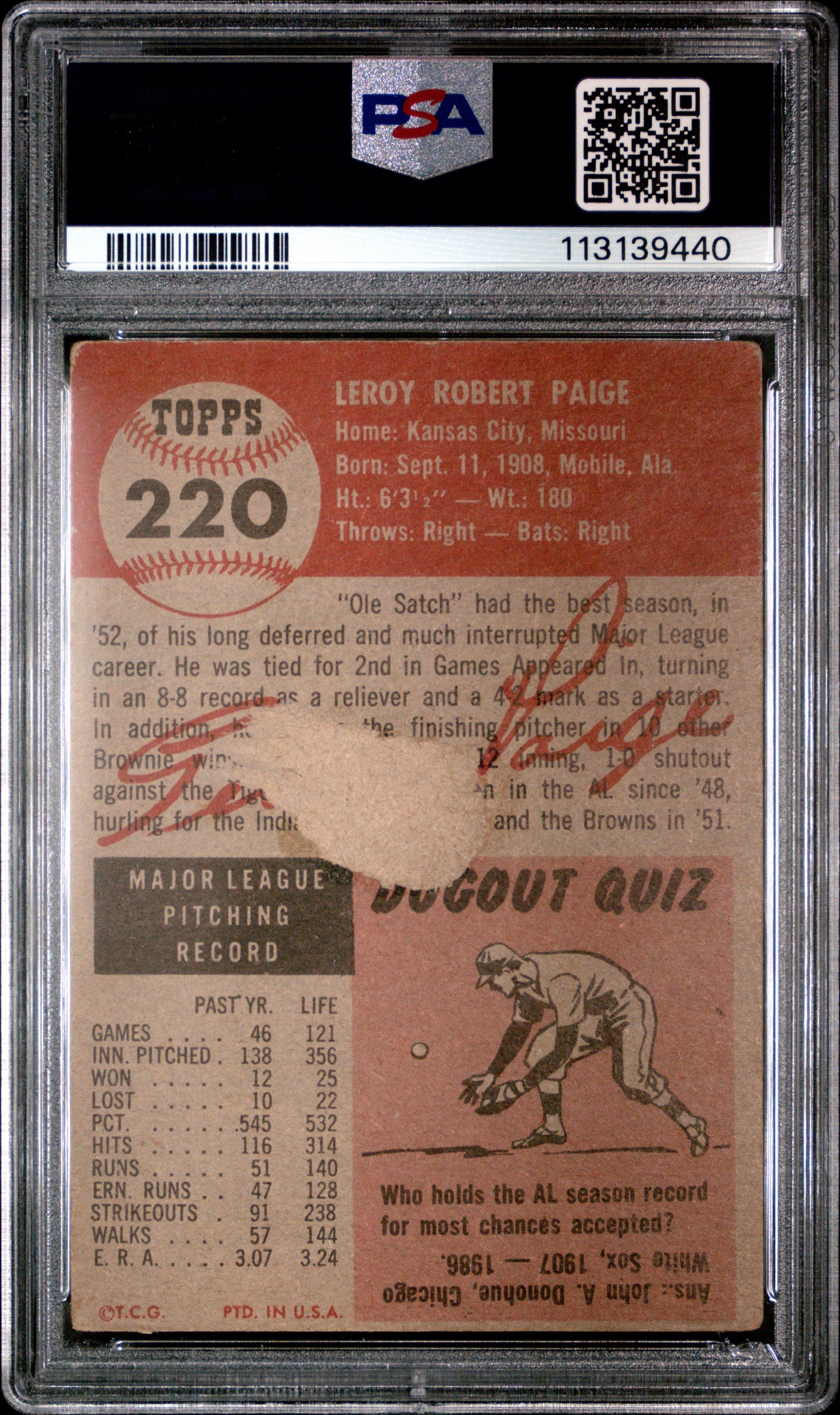 1953 Topps Satchell Paige #220 PSA 1