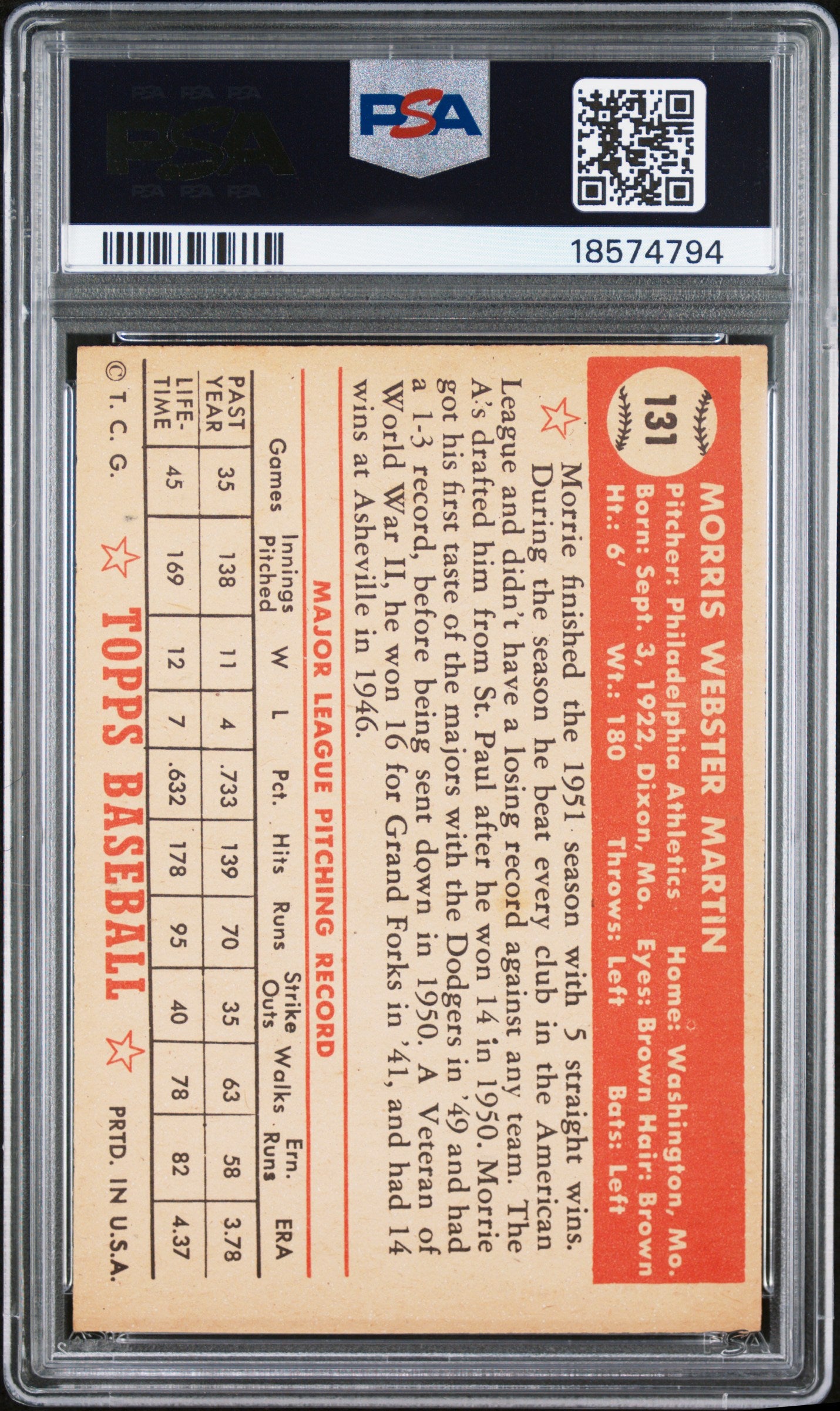 1952 Topps Morrie Martin #131 PSA 7