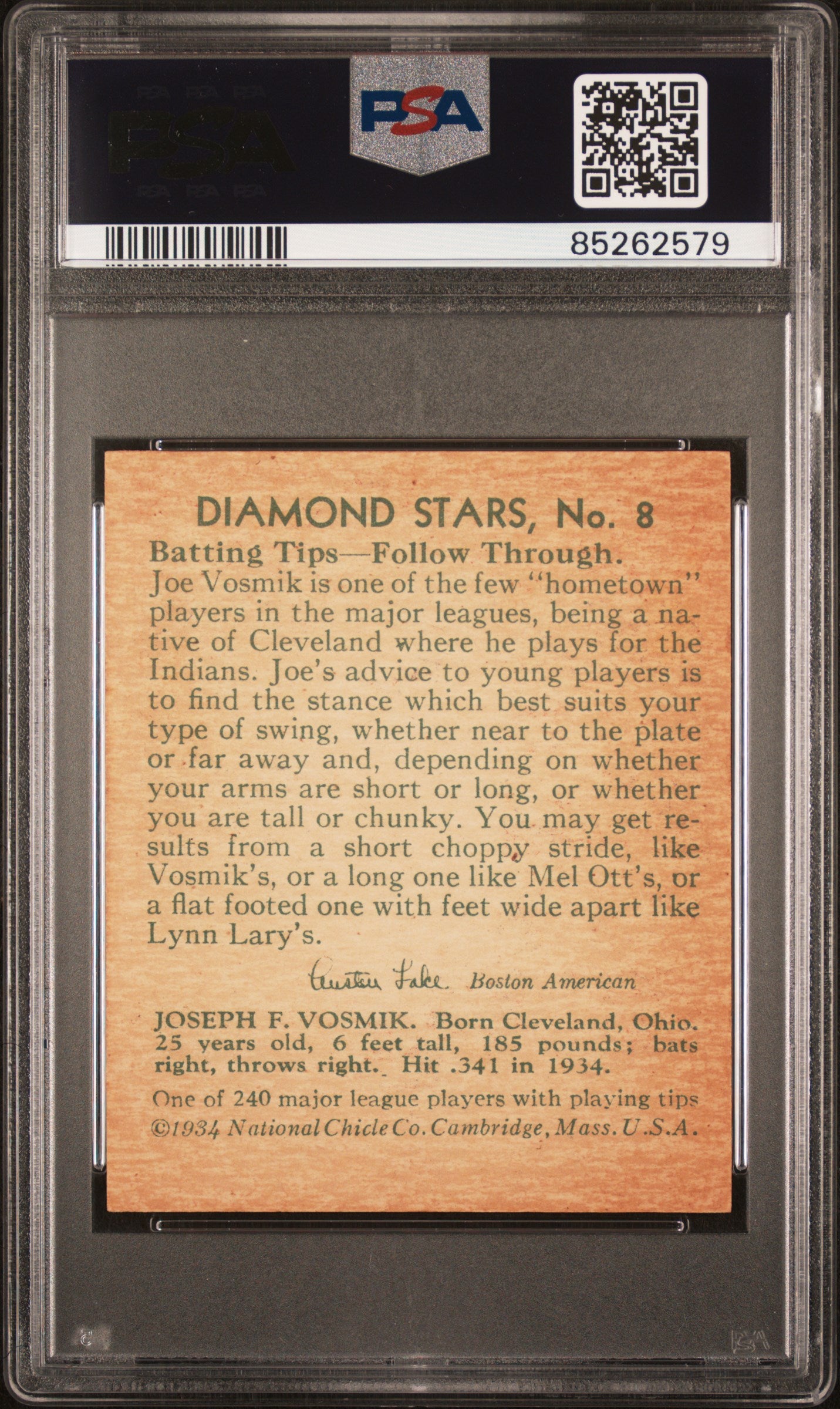 1935 Diamond Stars Joe Vosmik #8 PSA 6