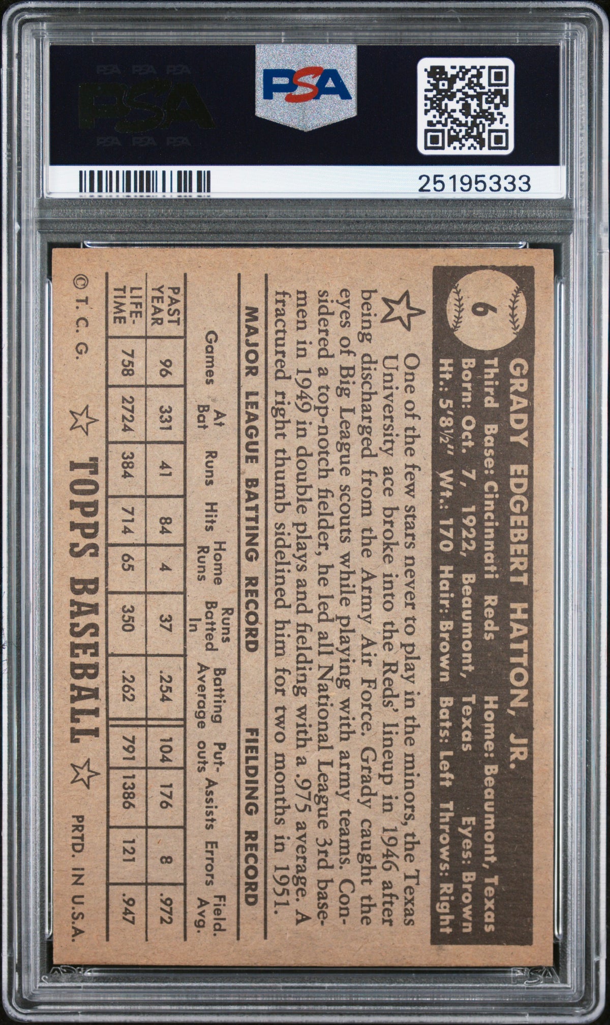 1952 Topps Grady Hatton #6 Black Back PSA 7