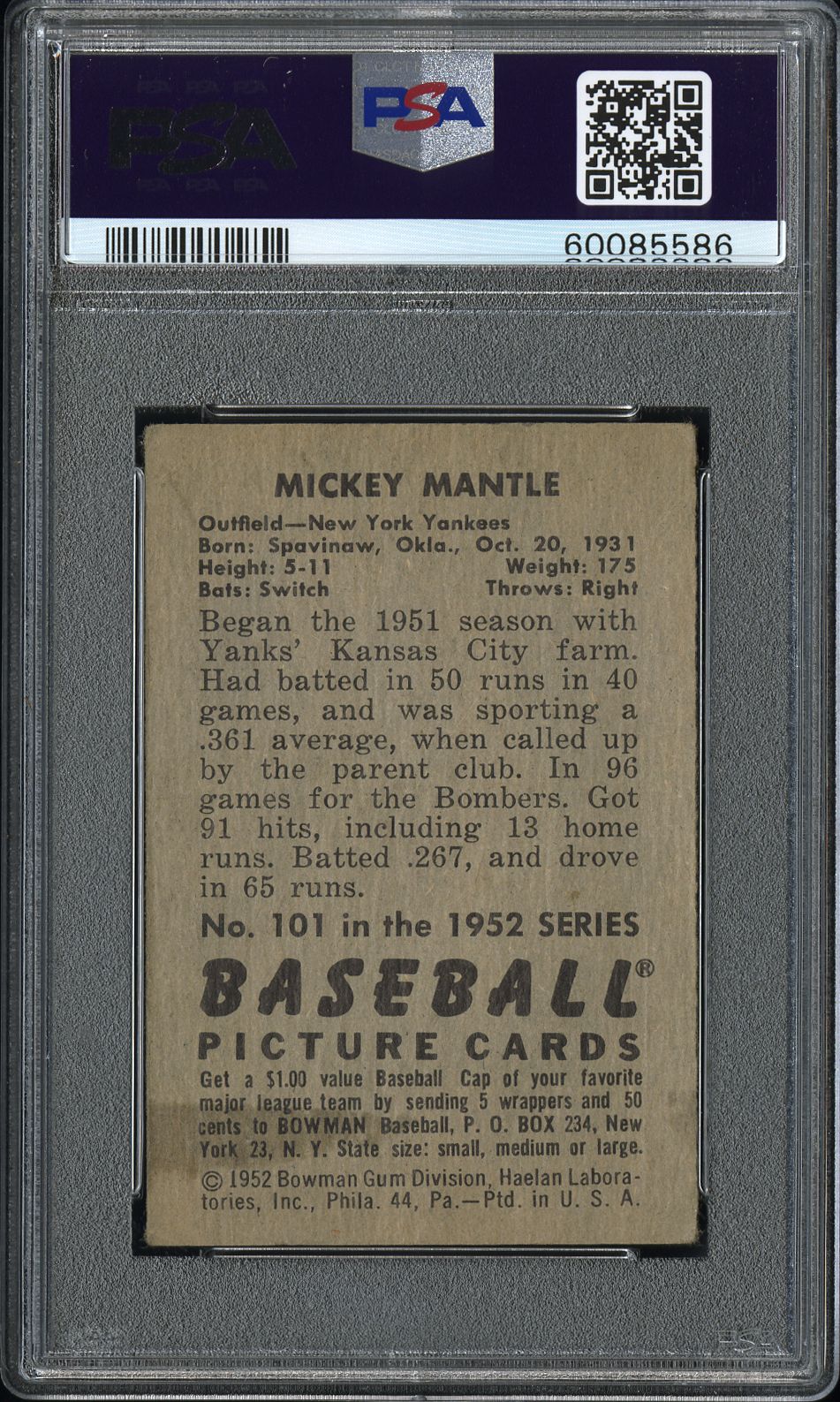 1952 Bowman Mickey Mantle #101 PSA 4