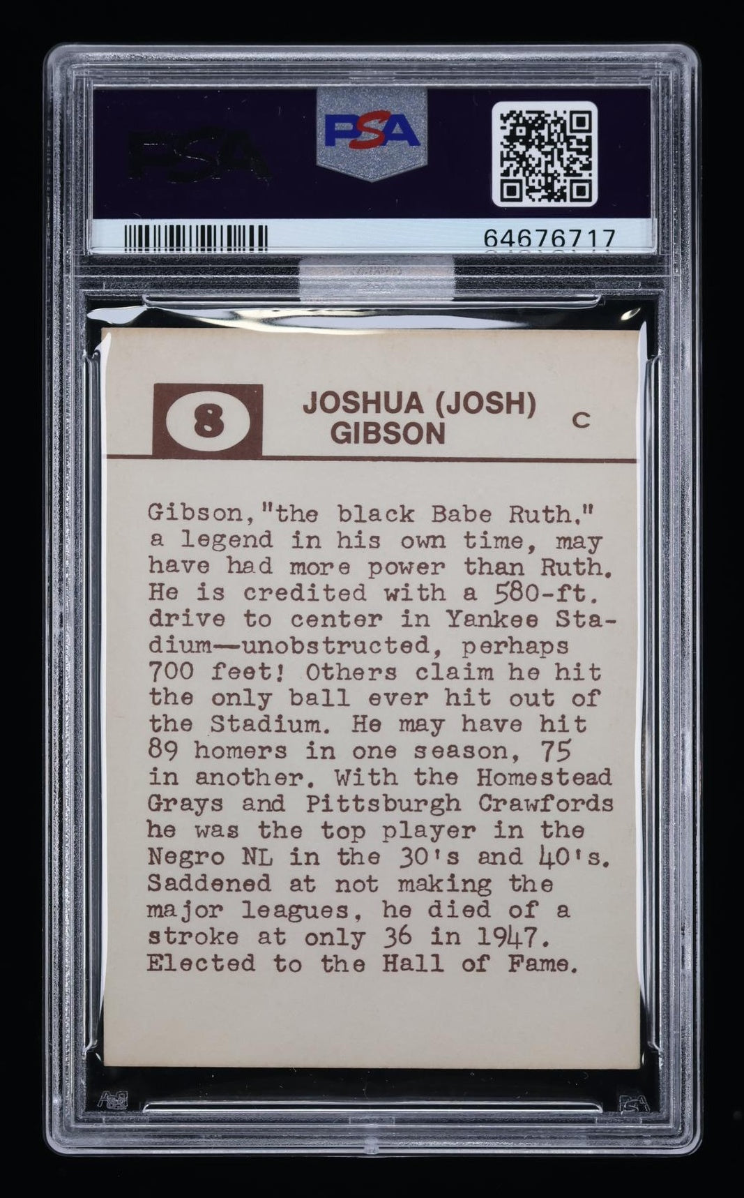 1974 Laughlin Old-Time Black Stars Josh Gibson #8 PSA 6 MBA Silver