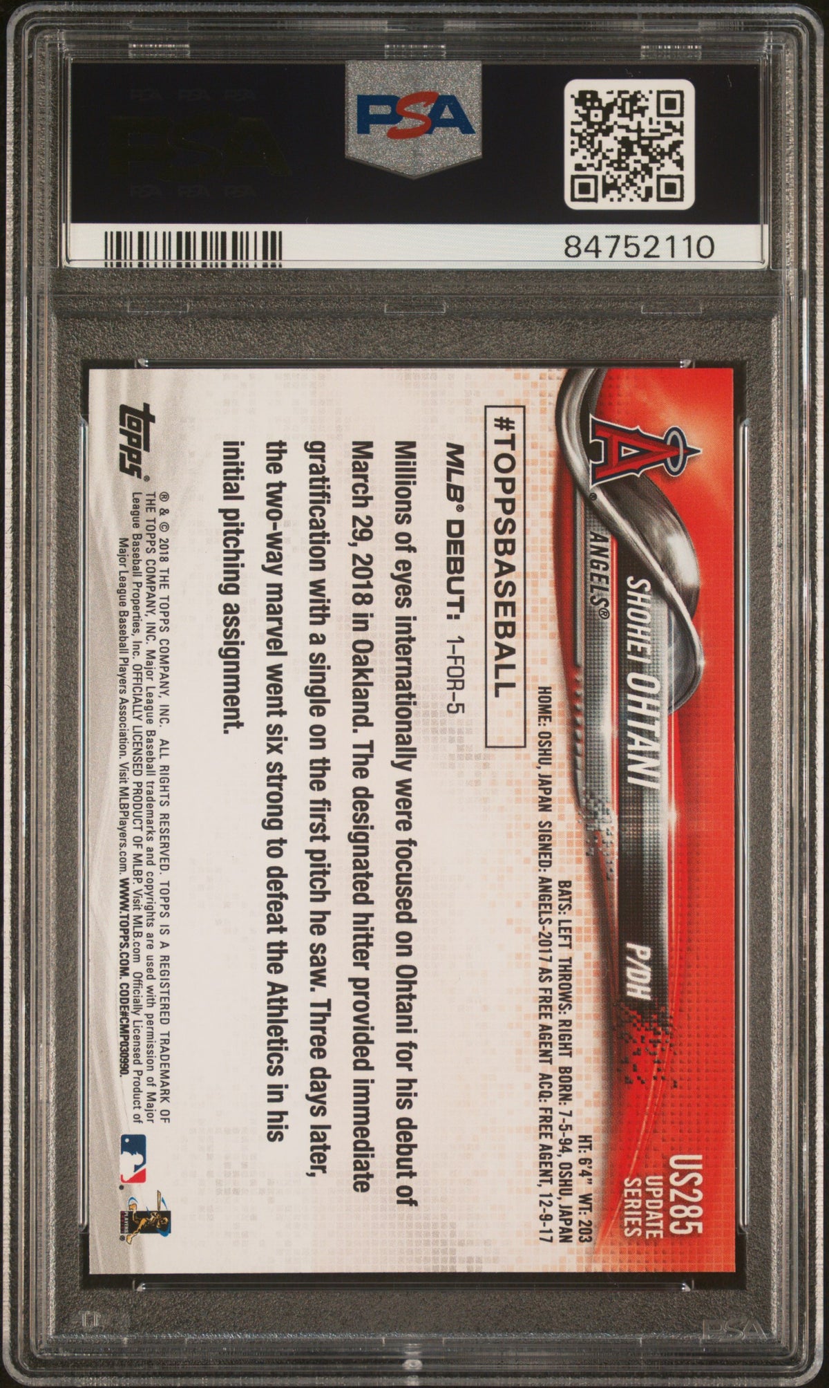 2018 Topps Update Shohei Ohtani #US285 PSA 10