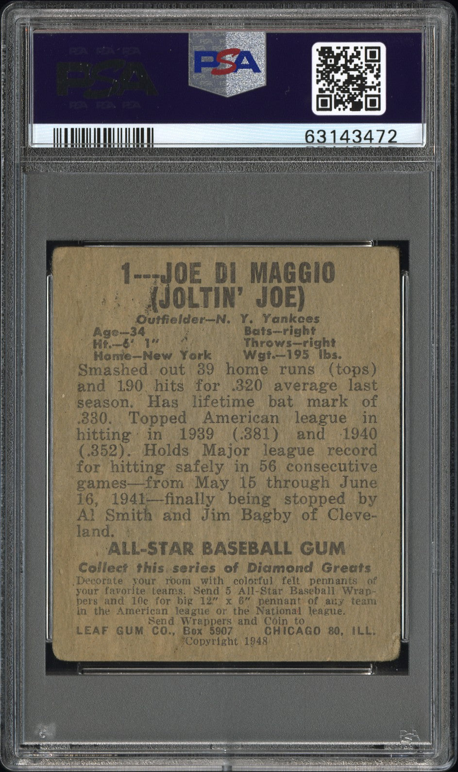 1948 Leaf Joe DI Maggio #1 PSA 2