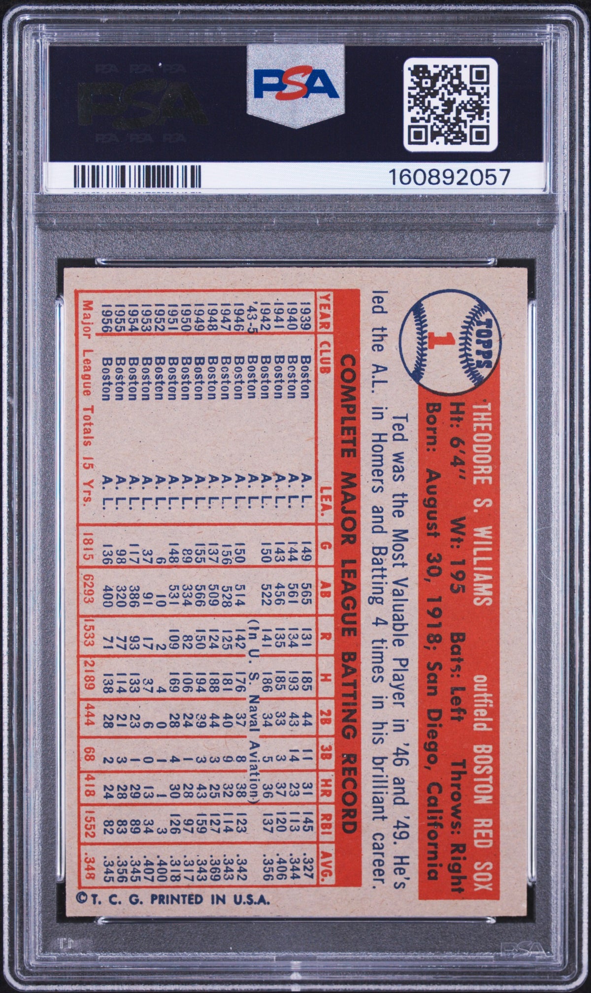 1957 Topps Ted Williams #1 PSA 5