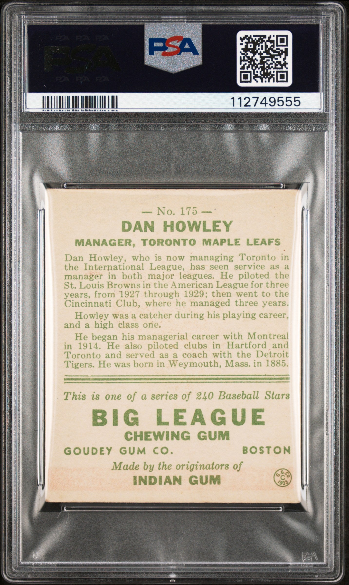1933 Goudey Dan Howley #175 PSA 4