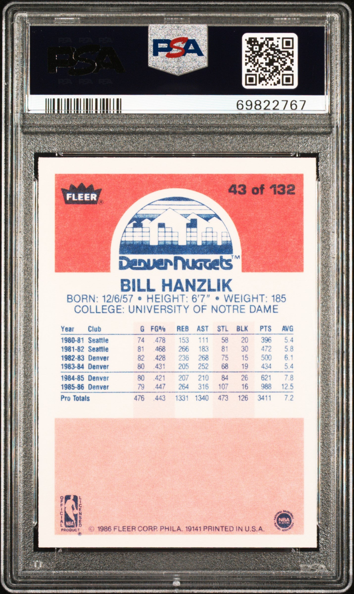 1986 Fleer Bill Hanzlik #43 PSA 9