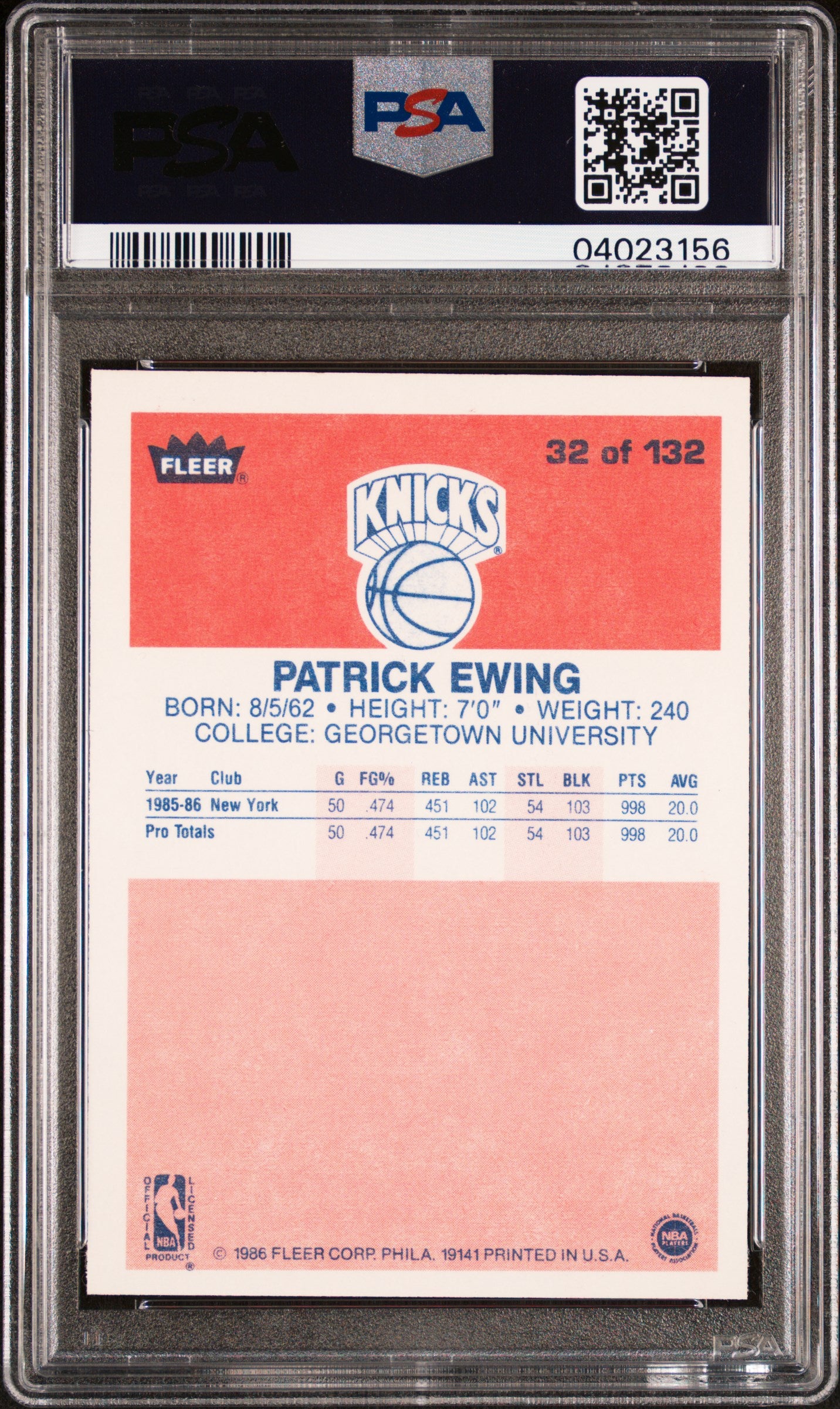 1986 Fleer Patrick Ewing #32 PSA 9