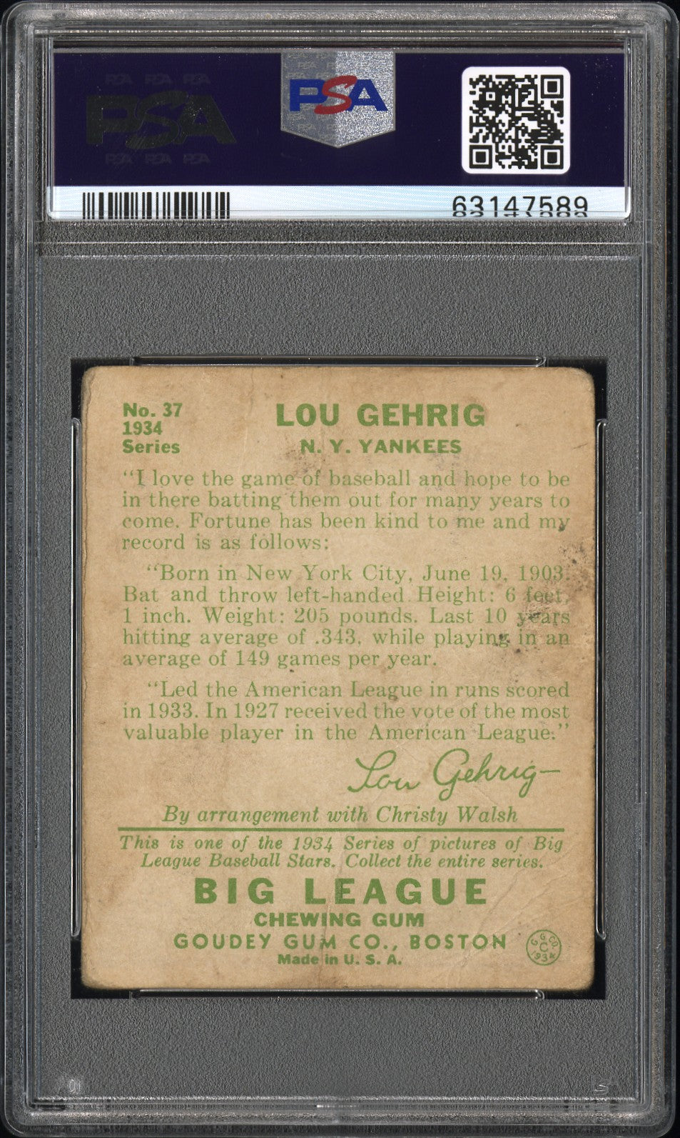 1934 Goudey Lou Gehrig #37 PSA 1