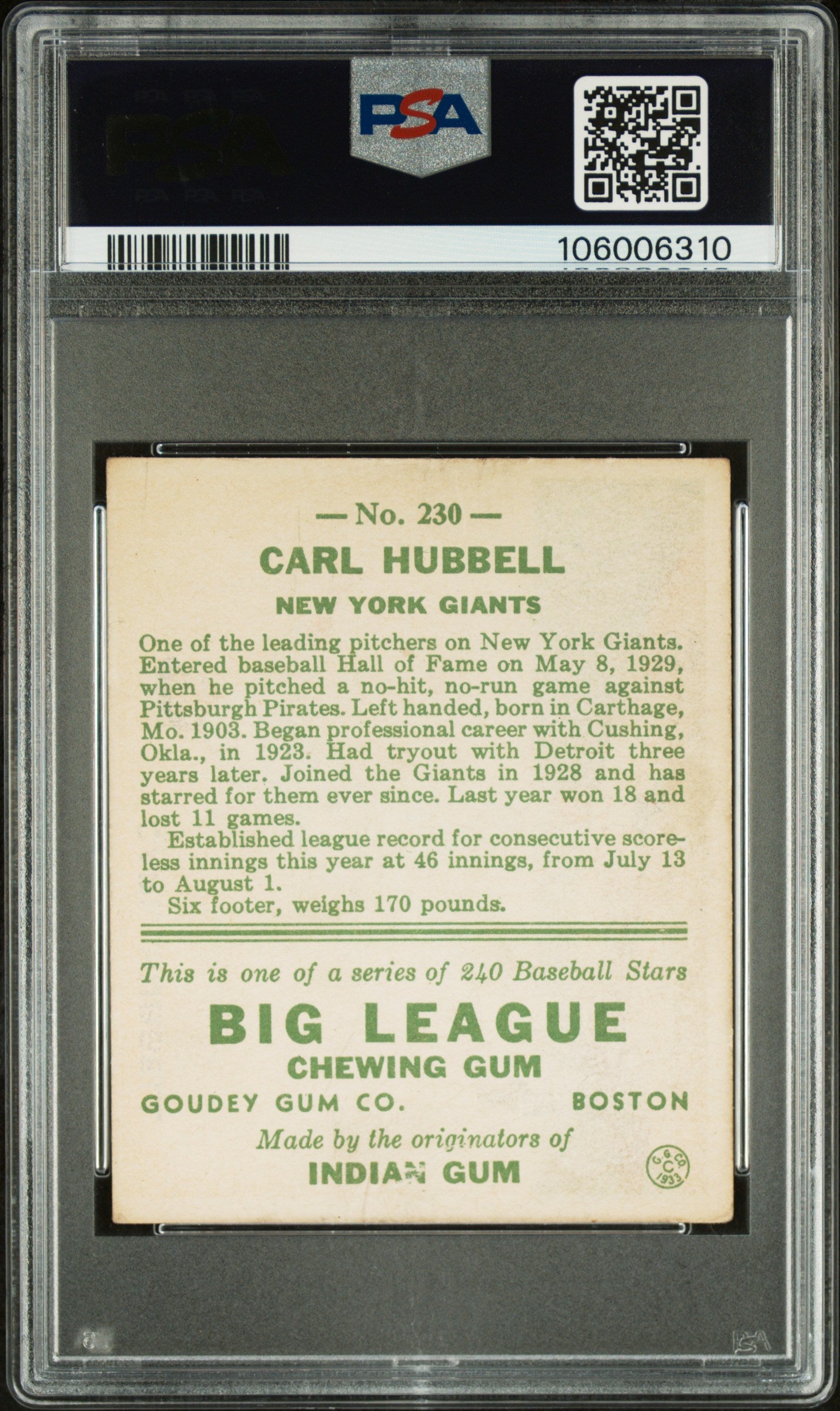 1933 Goudey Carl Hubbell #230 PSA 3