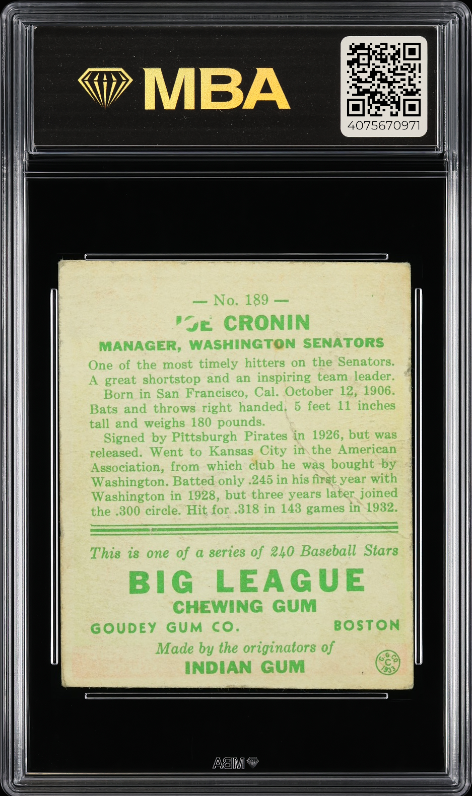 1933 Goudey Joe Cronin #189 MBA 2