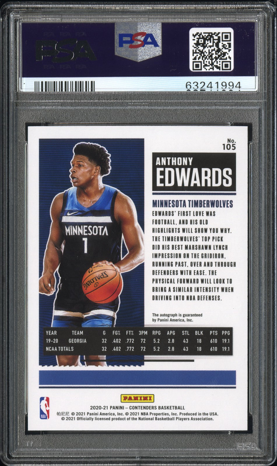 2020 Panini Contenders Anthony Edwards #105 Autograph PSA 10