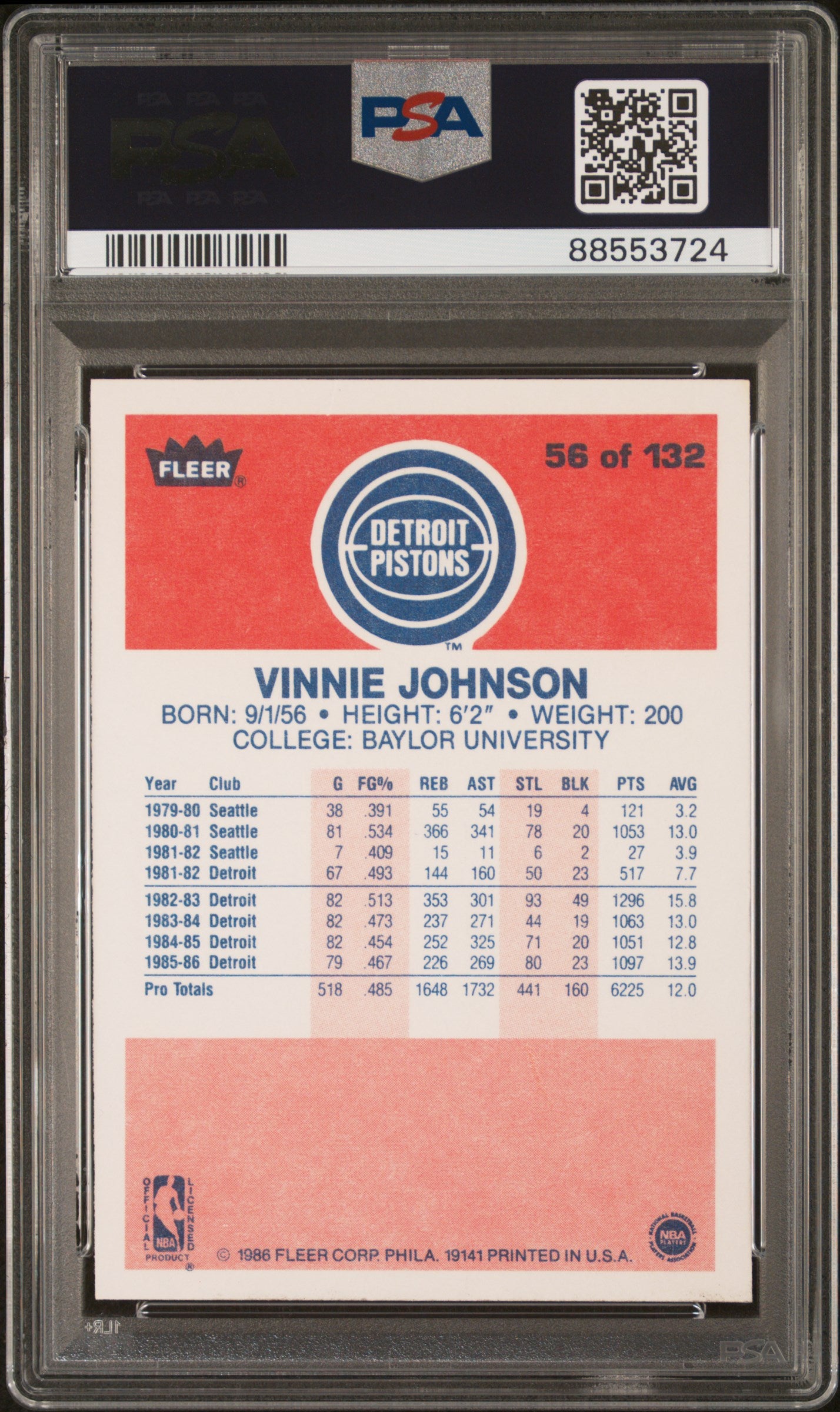 1986 Fleer Vinnie Johnson #56 PSA 9