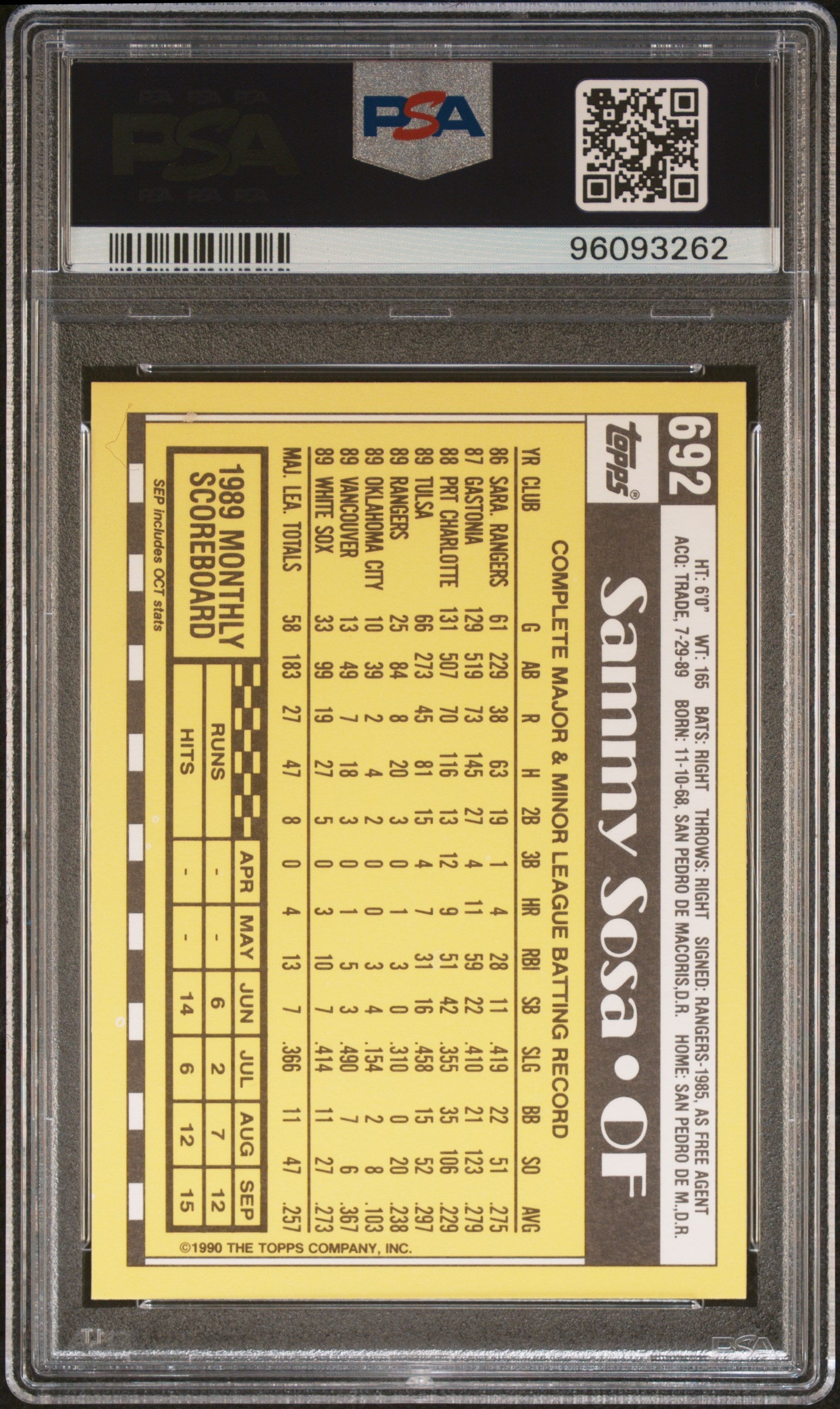 1990 Topps Tiffany Sammy Sosa #692 PSA 9 Auto 10