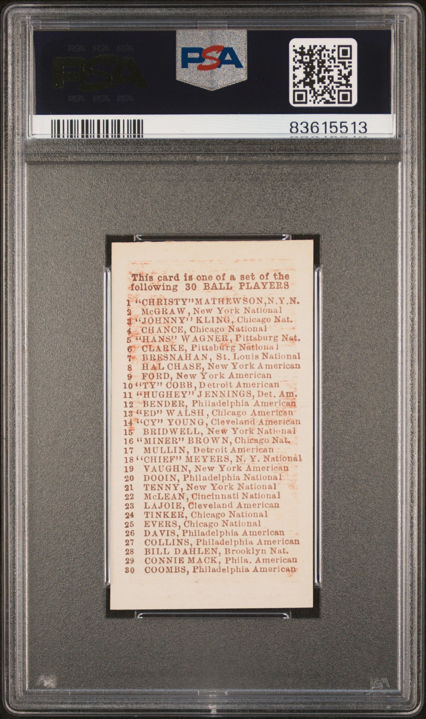 1910 E98 Set Of 30 Hal Chase Red PSA 8