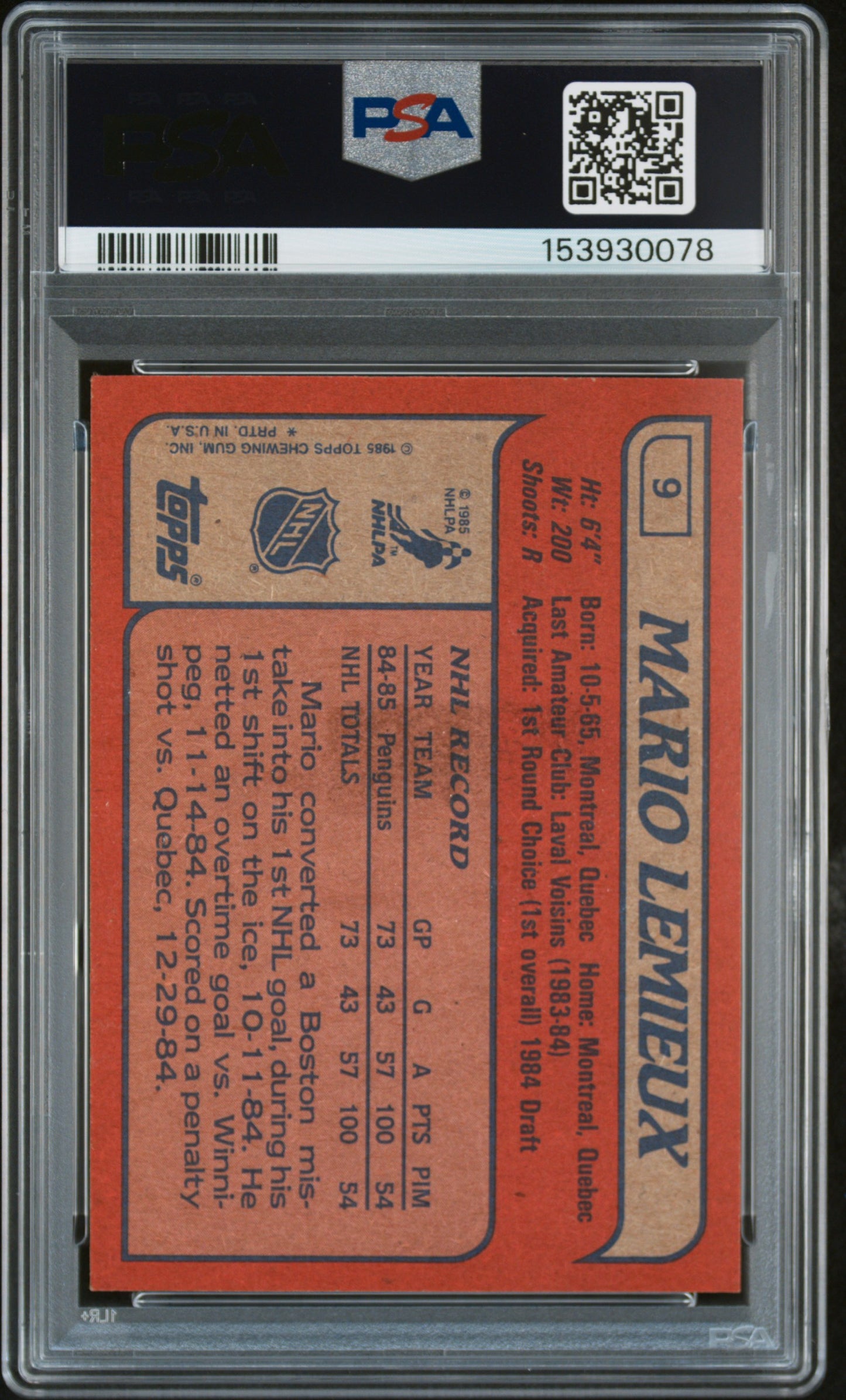 1985 Topps Mario Lemieux #9 PSA 7