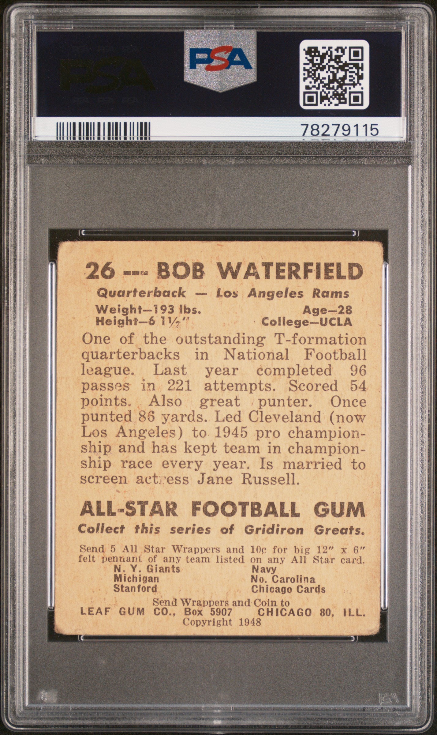 1948 Leaf Bob Waterfield #26 Black Name On Front PSA 2