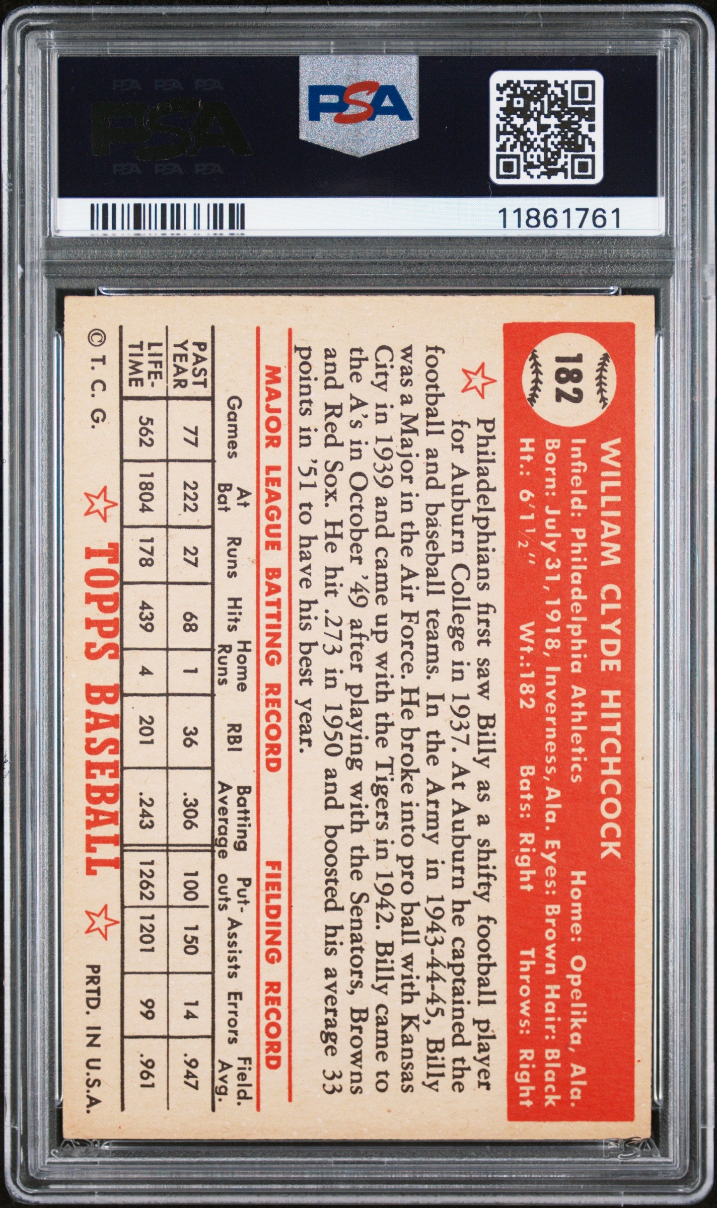 1952 Topps Billy Hitchcock #182 PSA 7