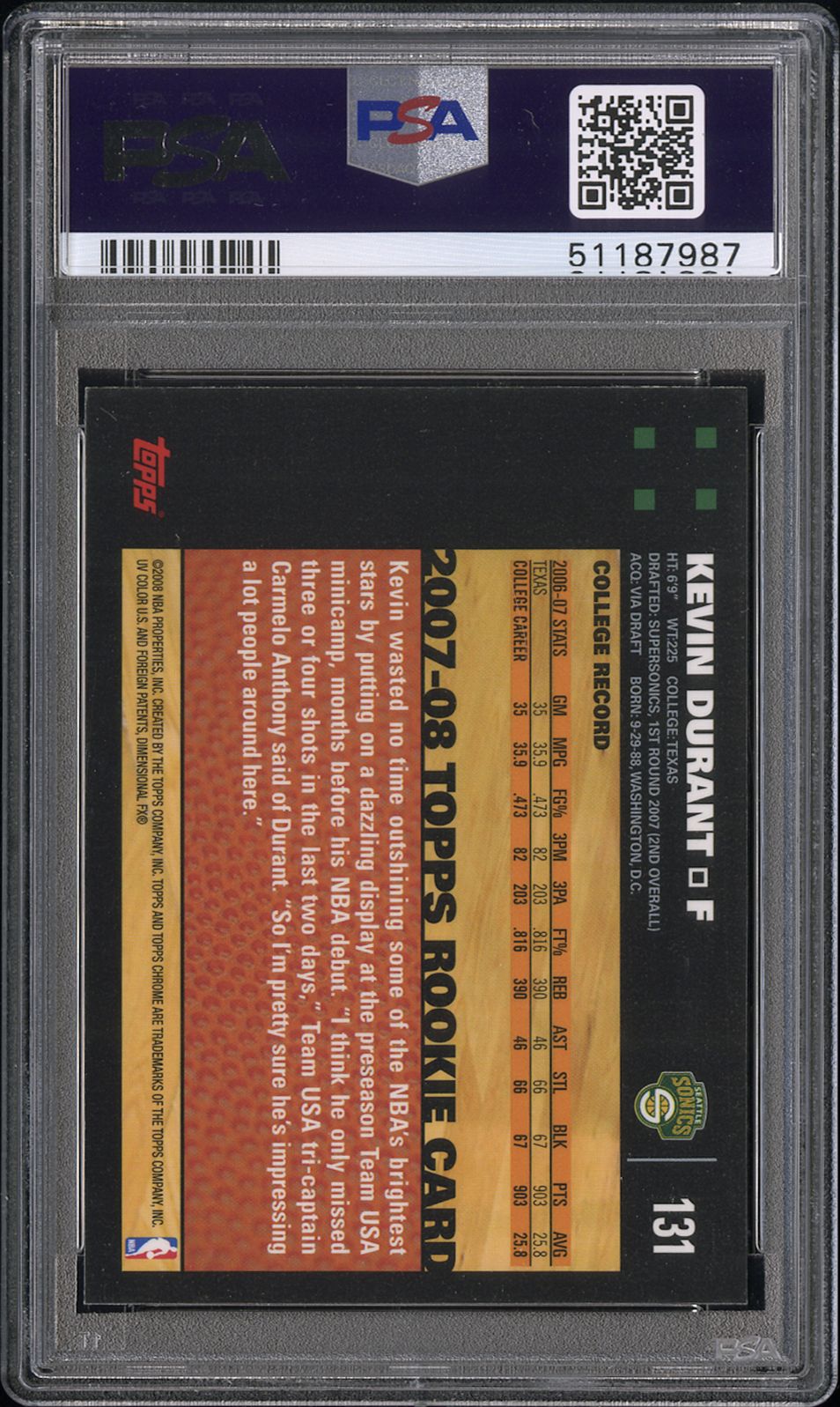 2007 Topps Chrome Kevin Durant #131 PSA 9