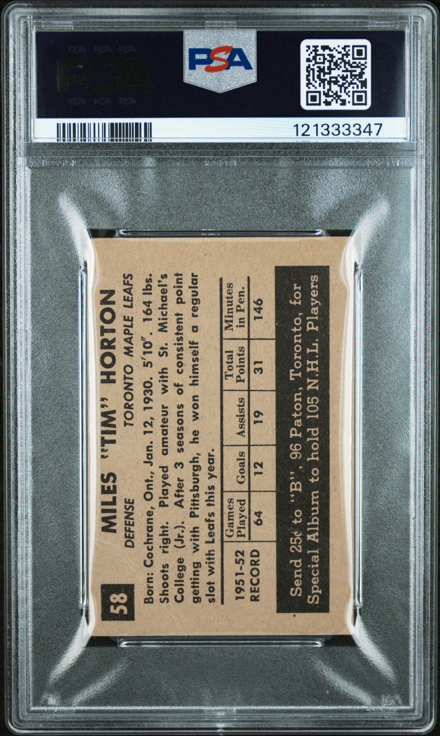 1952 Parkhurst Tim Horton #58 PSA 1.5