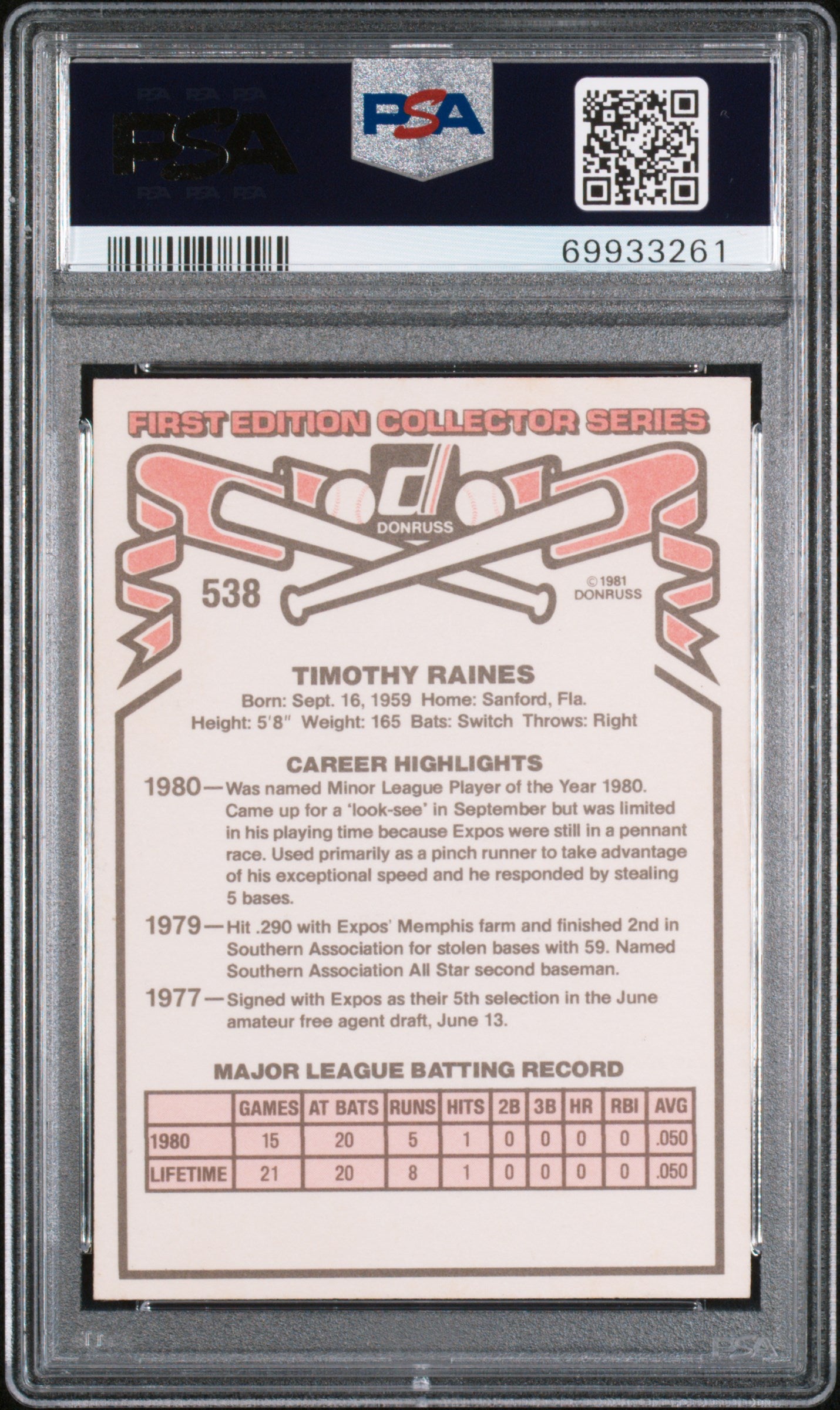 1981 Donruss Tim Raines #538 PSA A Auto A