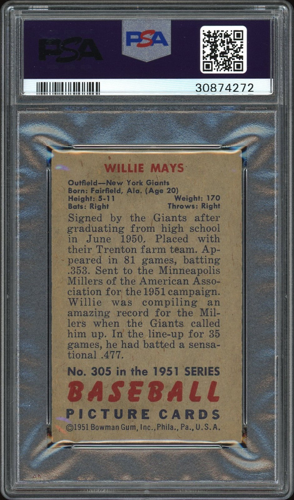 1951 Bowman Willie Mays #305 PSA 6