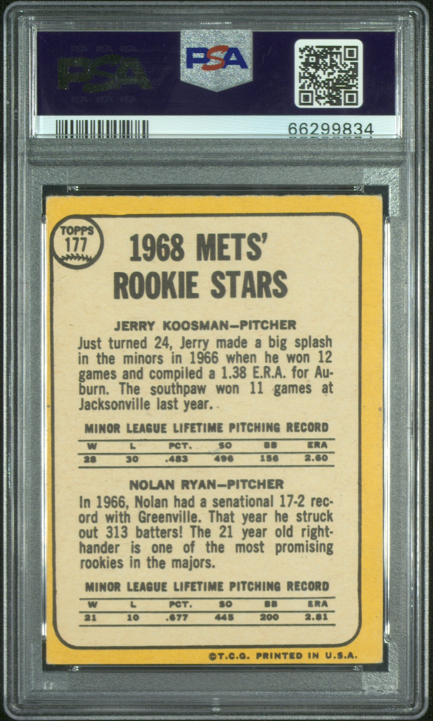 1968 Topps Mets Rookies #177 J. Koosman N. Ryan PSA 4