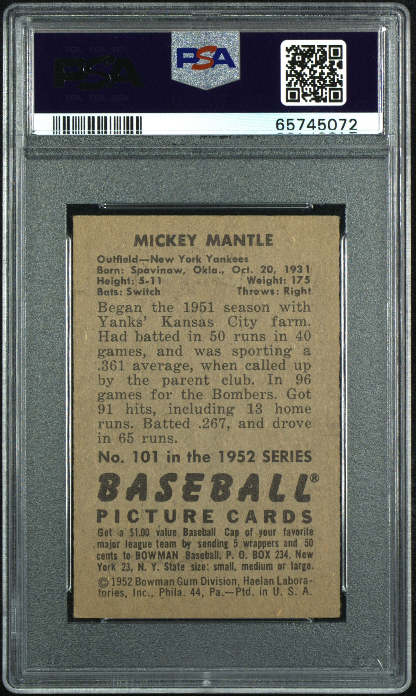 1952 Bowman Mickey Mantle #101 PSA 5.5
