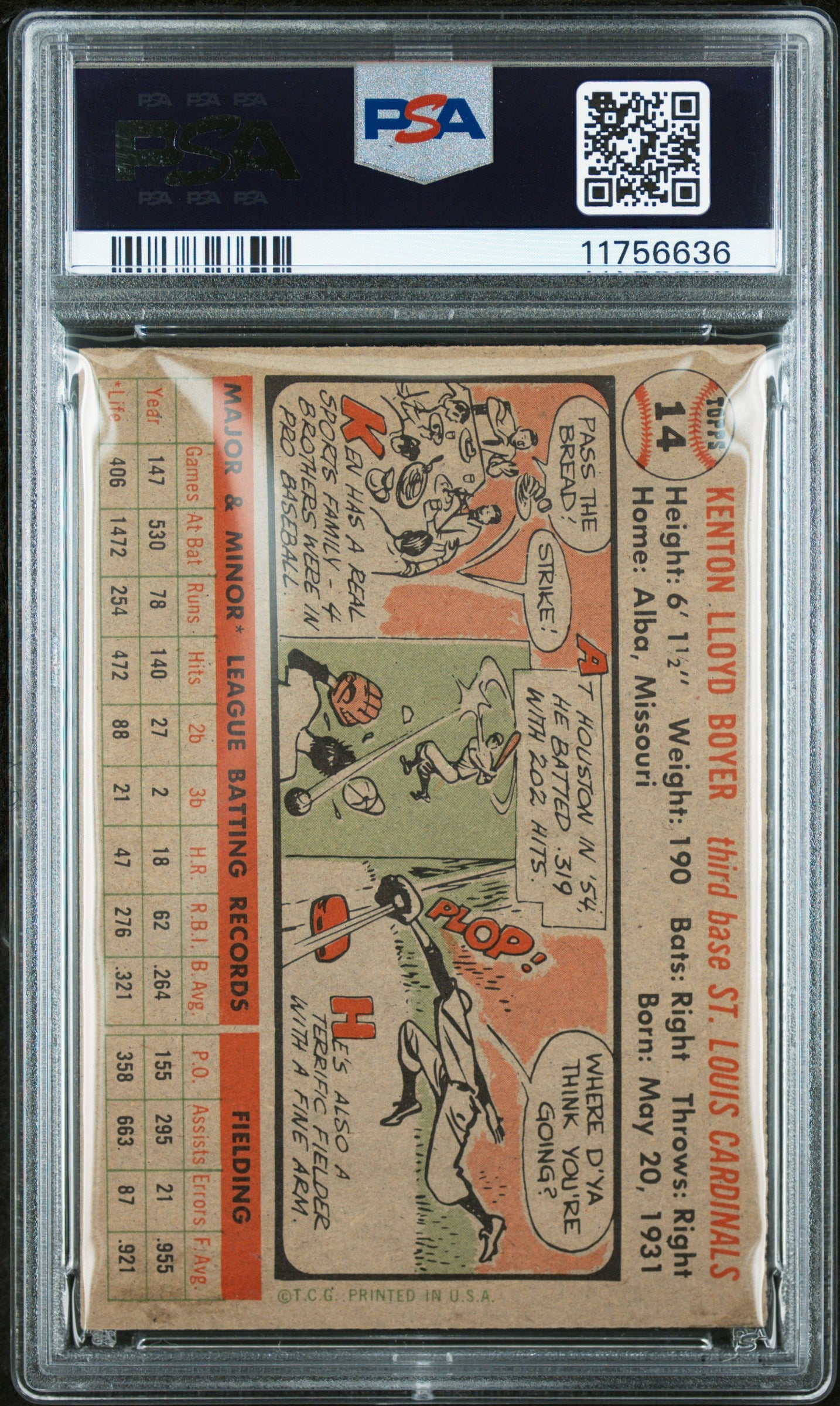 1956 Topps Ken Boyer #14 Gray Back PSA 7