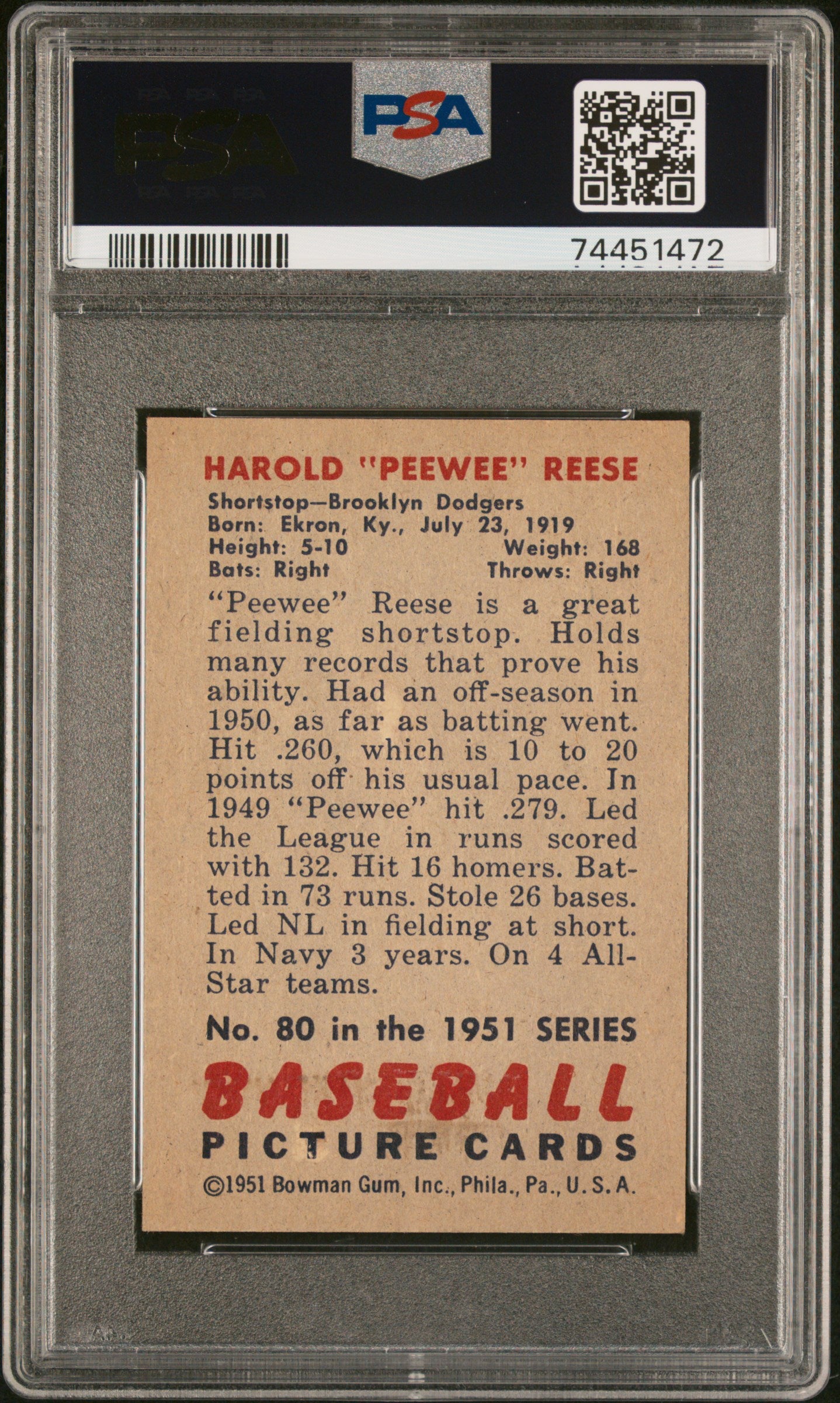 1951 Bowman Pee Wee Reese #80 PSA 6