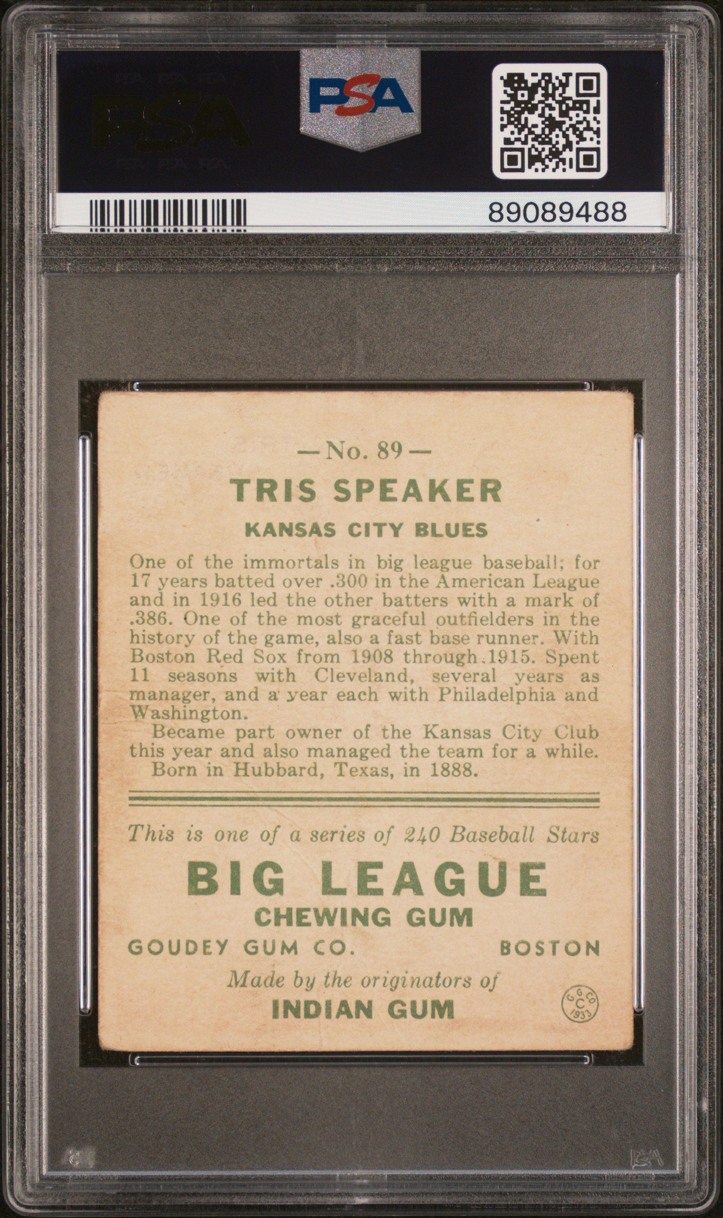 1933 Goudey Tris Speaker #89 PSA 2