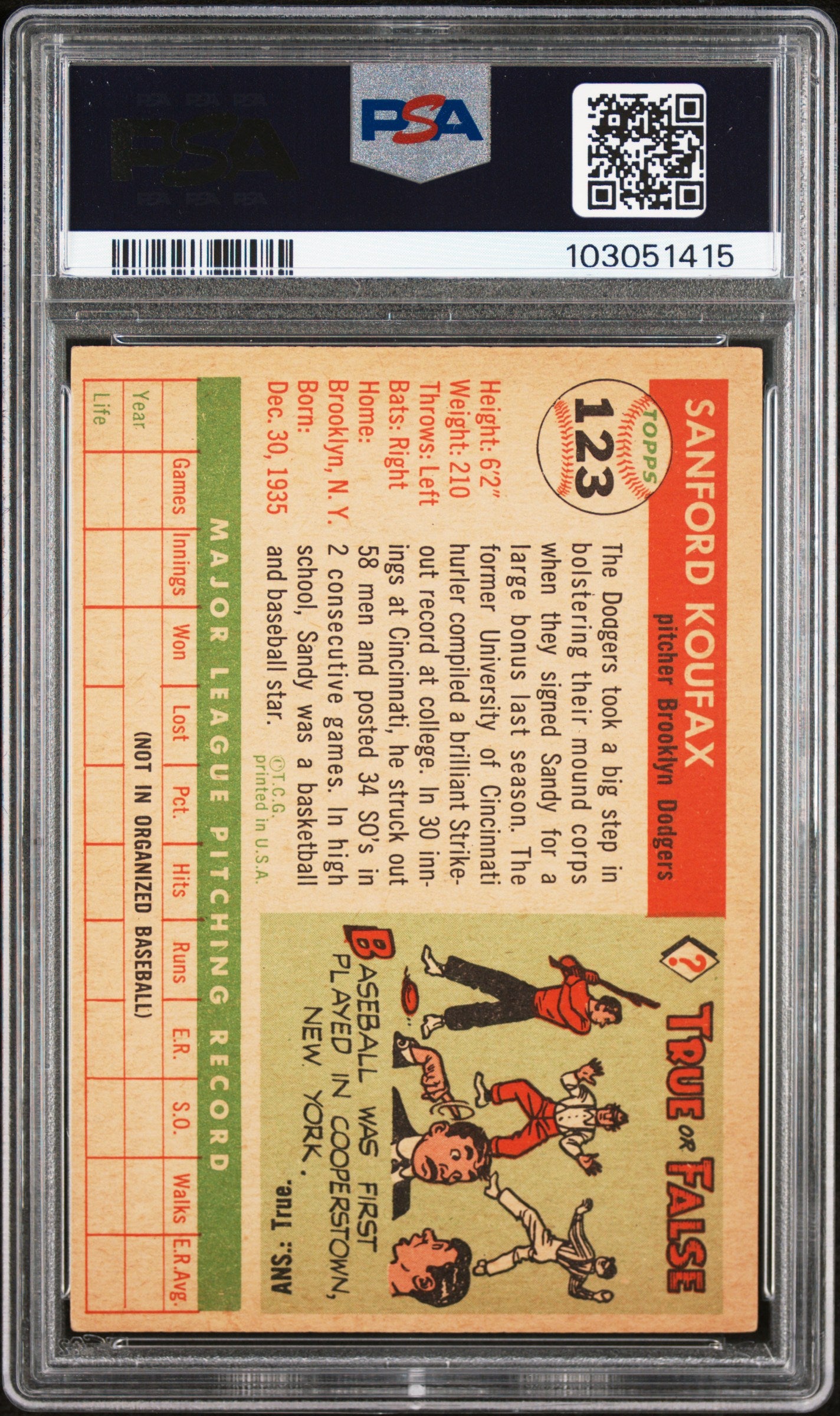 1955 Topps Sandy Koufax #123 PSA 5