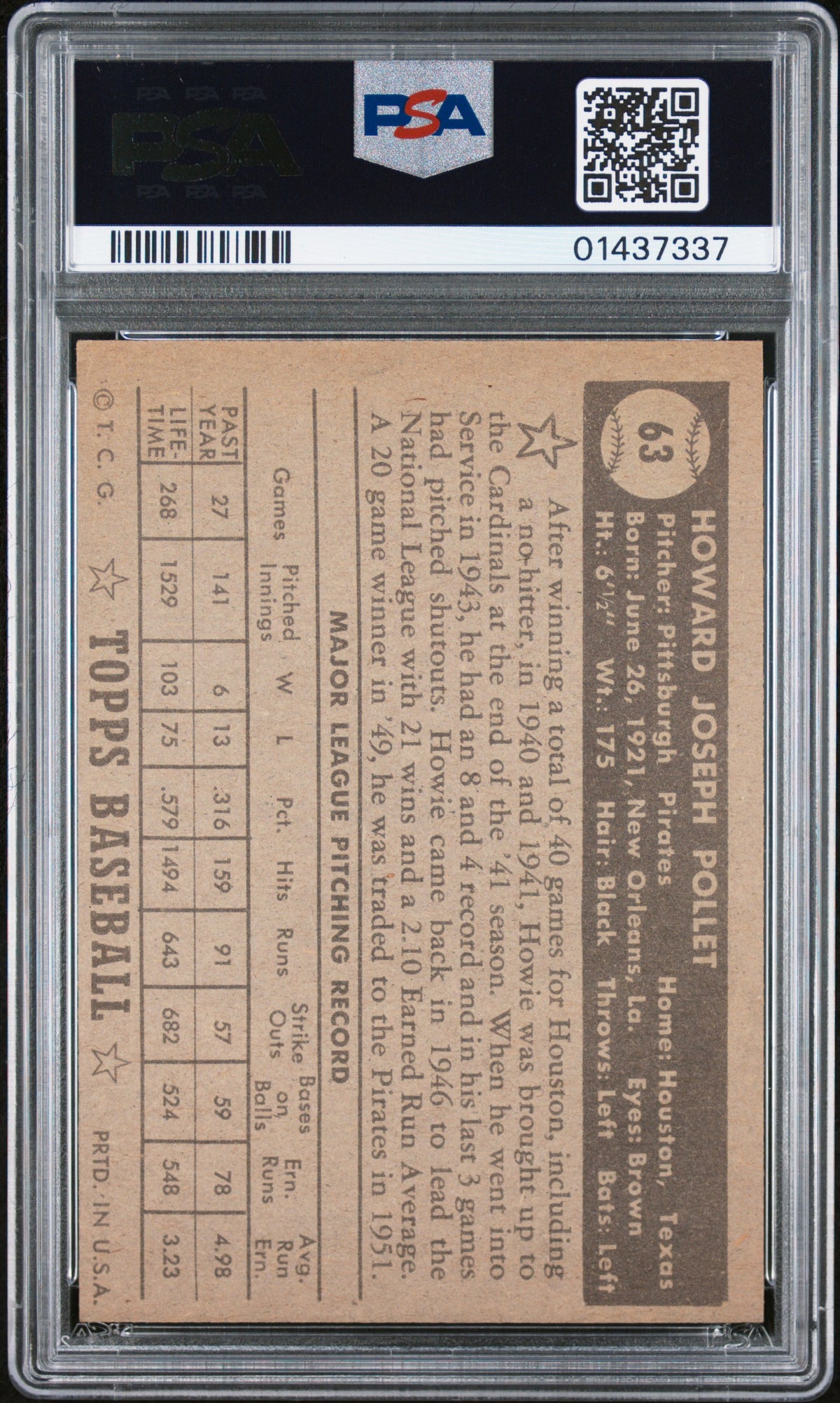 1952 Topps Howie Pollet #63 Black Back PSA 7