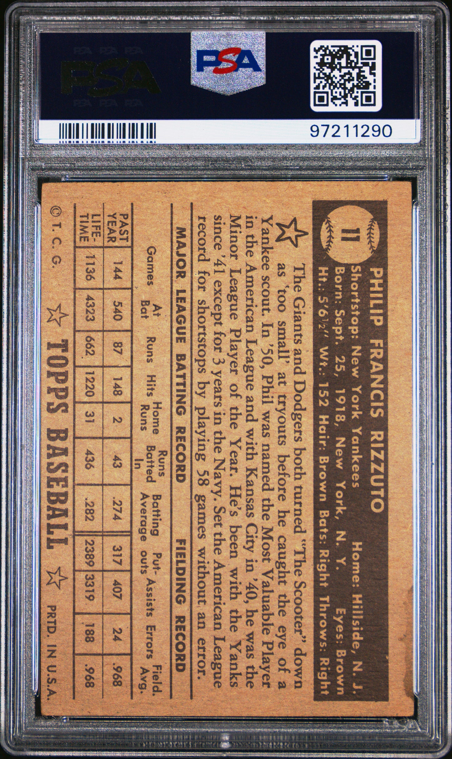 1952 Topps Phil Rizzuto #11 Black Back PSA 4