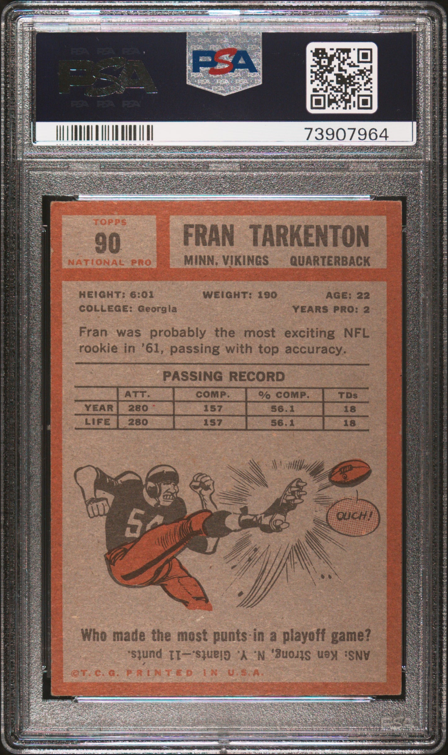 1962 Topps Fran Tarkenton #90 PSA 3 Auto 9