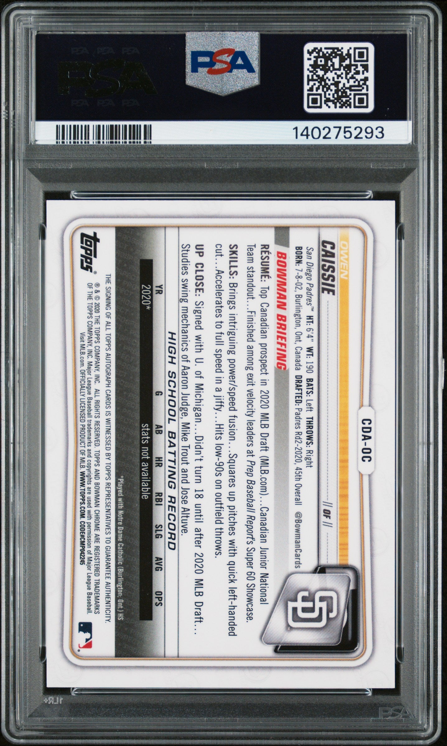 2020 Bowman Chrome Draft Picks Auto Owen Caissie #CDAOC Gold Wave PSA 9 Auto 10