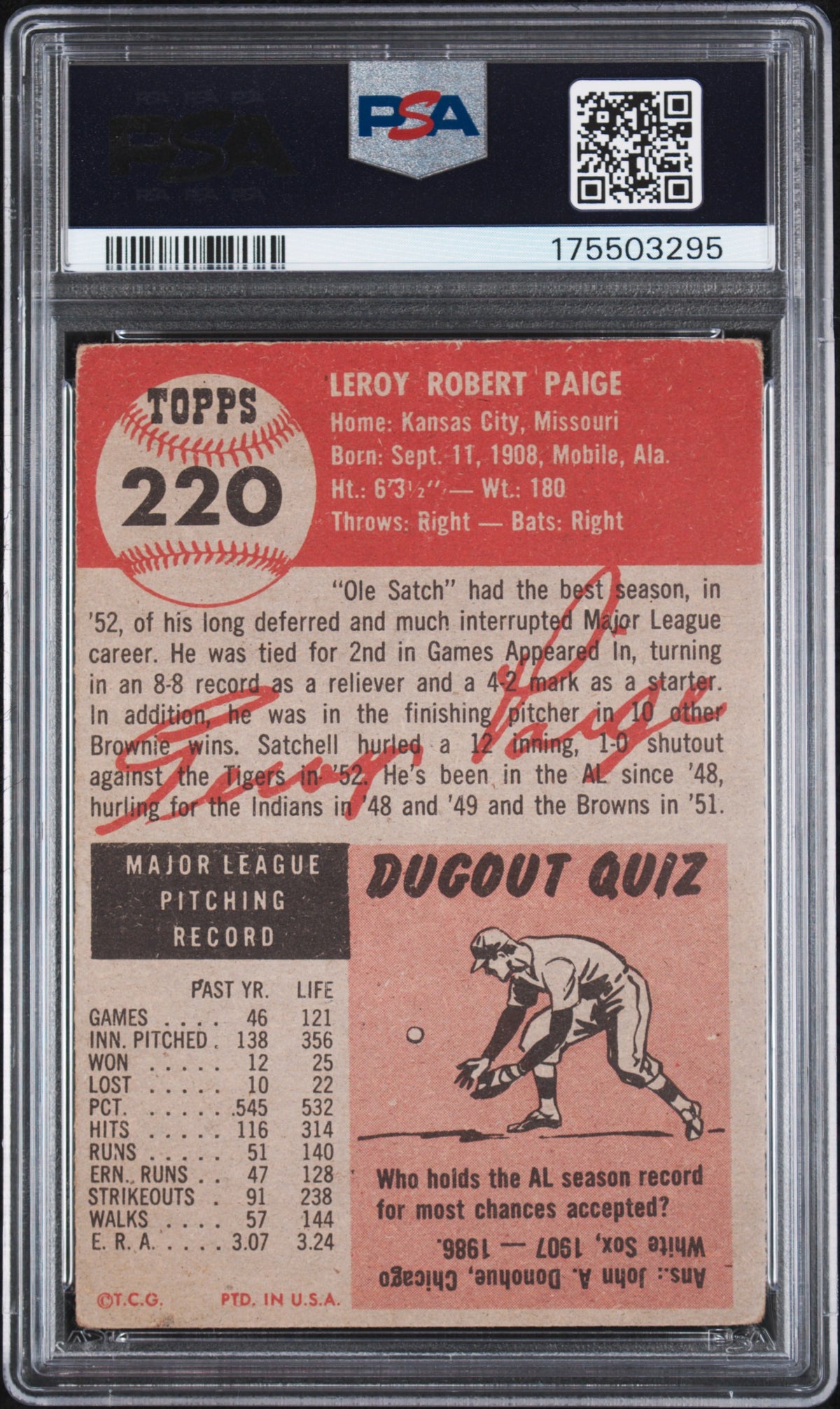 1953 Topps Satchell Paige #220 PSA 2.5