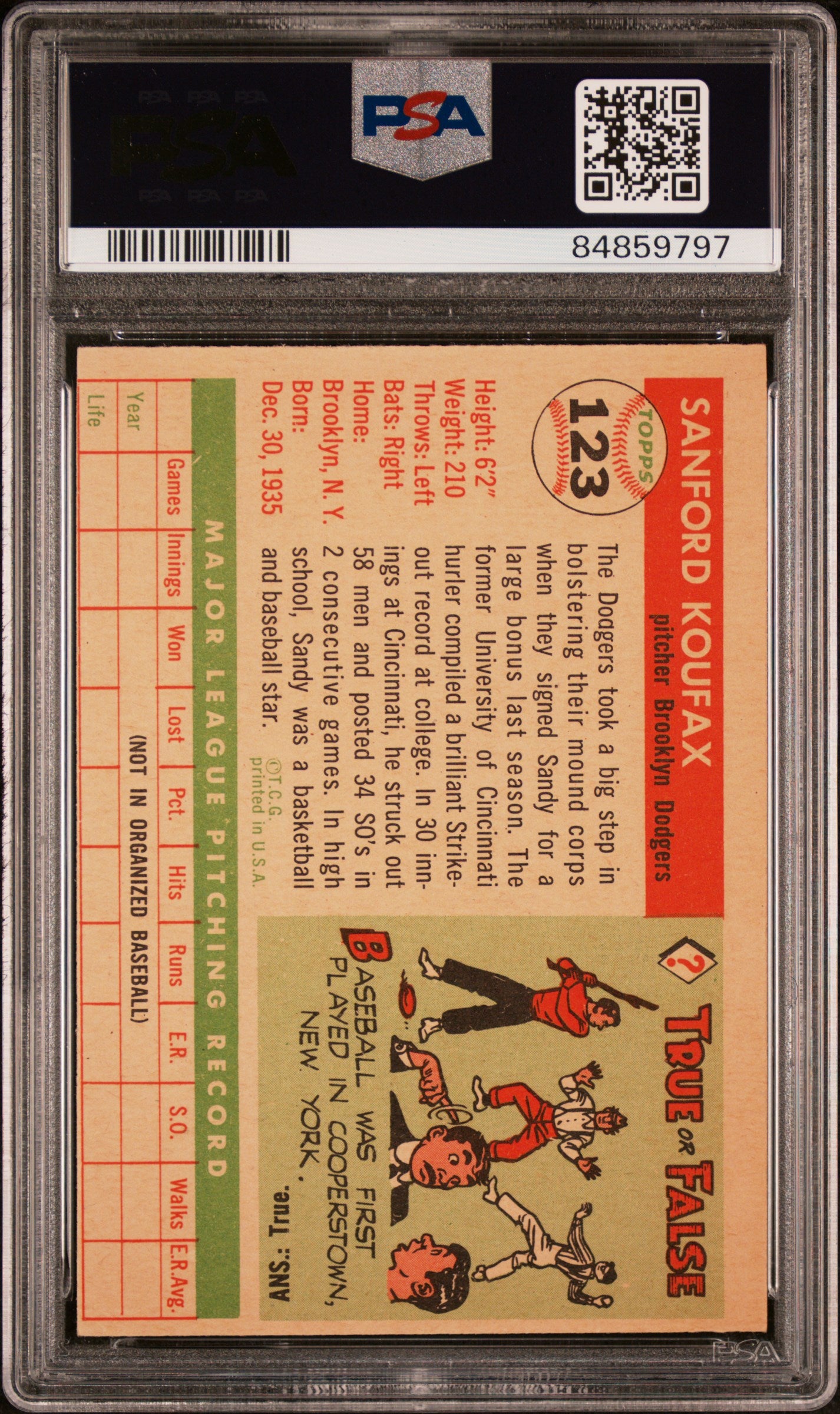 1955 Topps Sandy Koufax #123 PSA 4