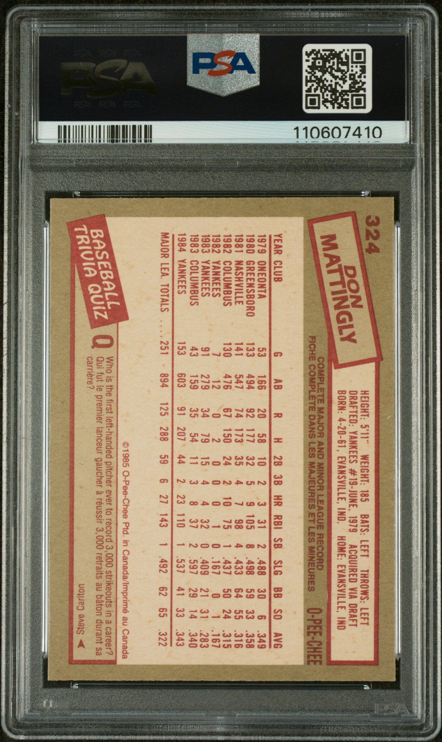 1985 O-Pee-Chee Don Mattingly #324 PSA 10